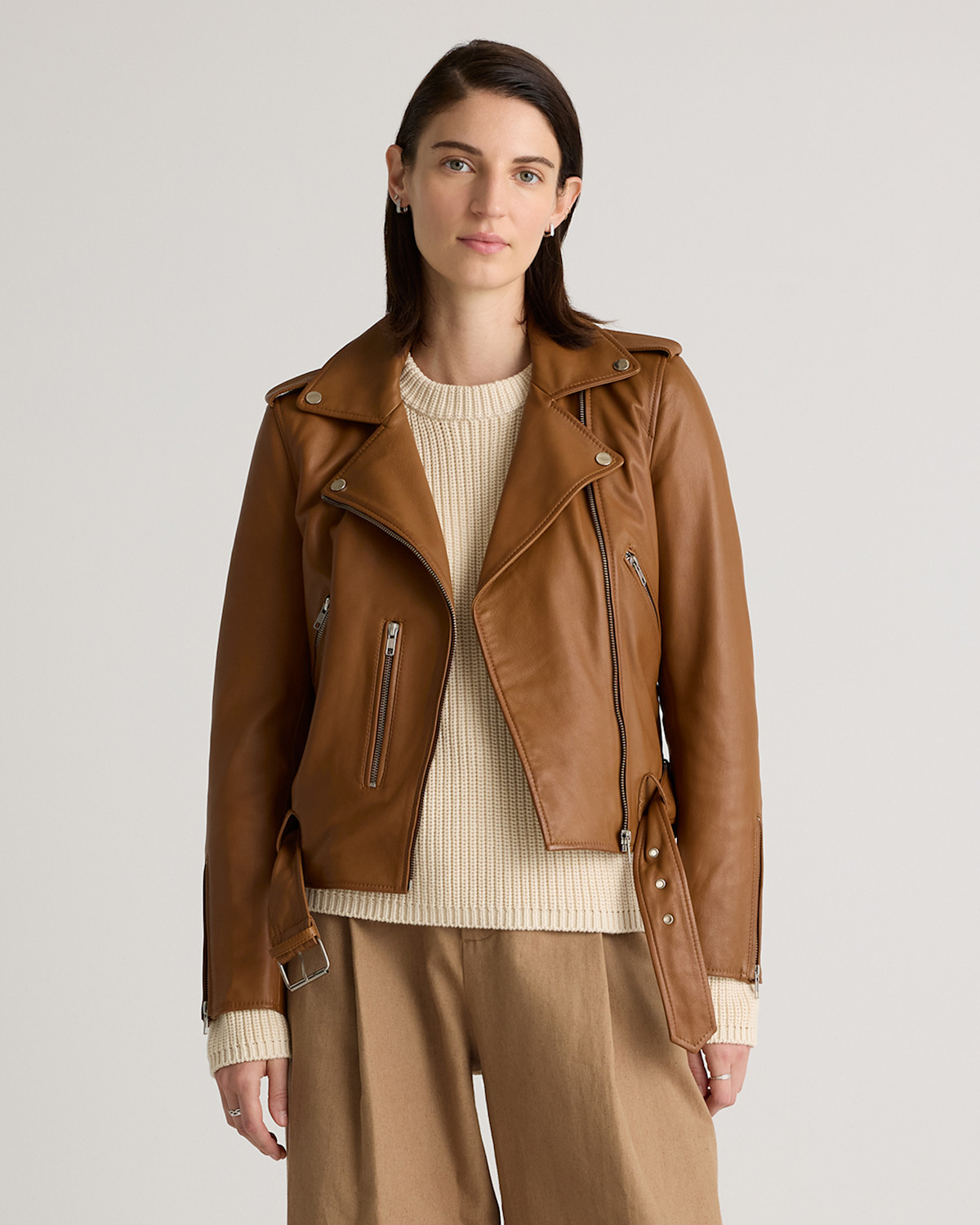 Quince Women's 100% Leather Motorcycle Jacket in Cognac