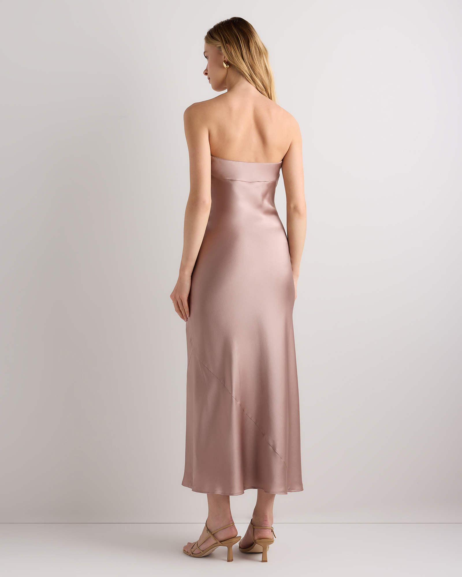 100% Washable Silk Strapless Midi Dress in Vintage Pink