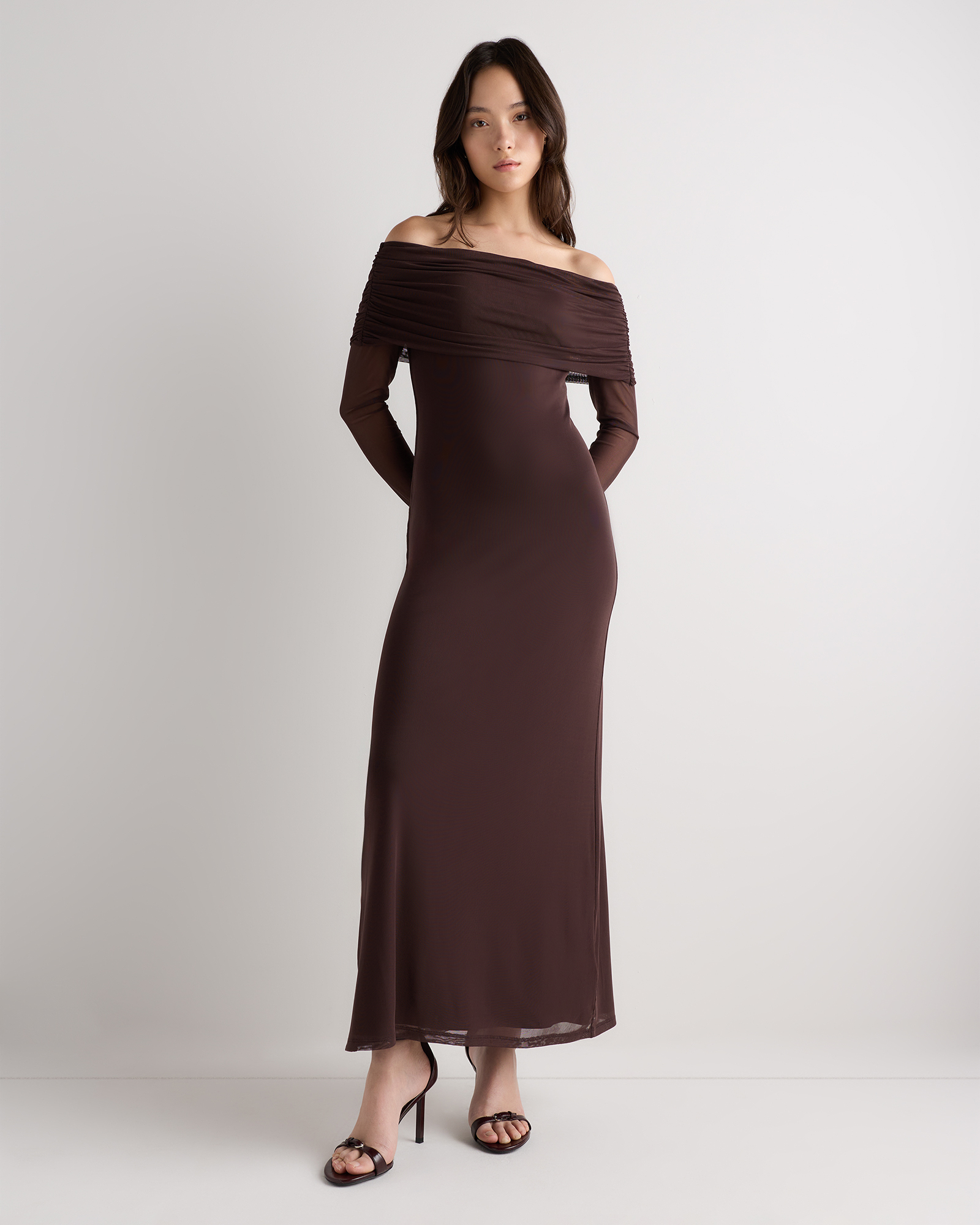 Chocolate Plum Brown Mesh Knit Off The Shoulder Maxi Dress