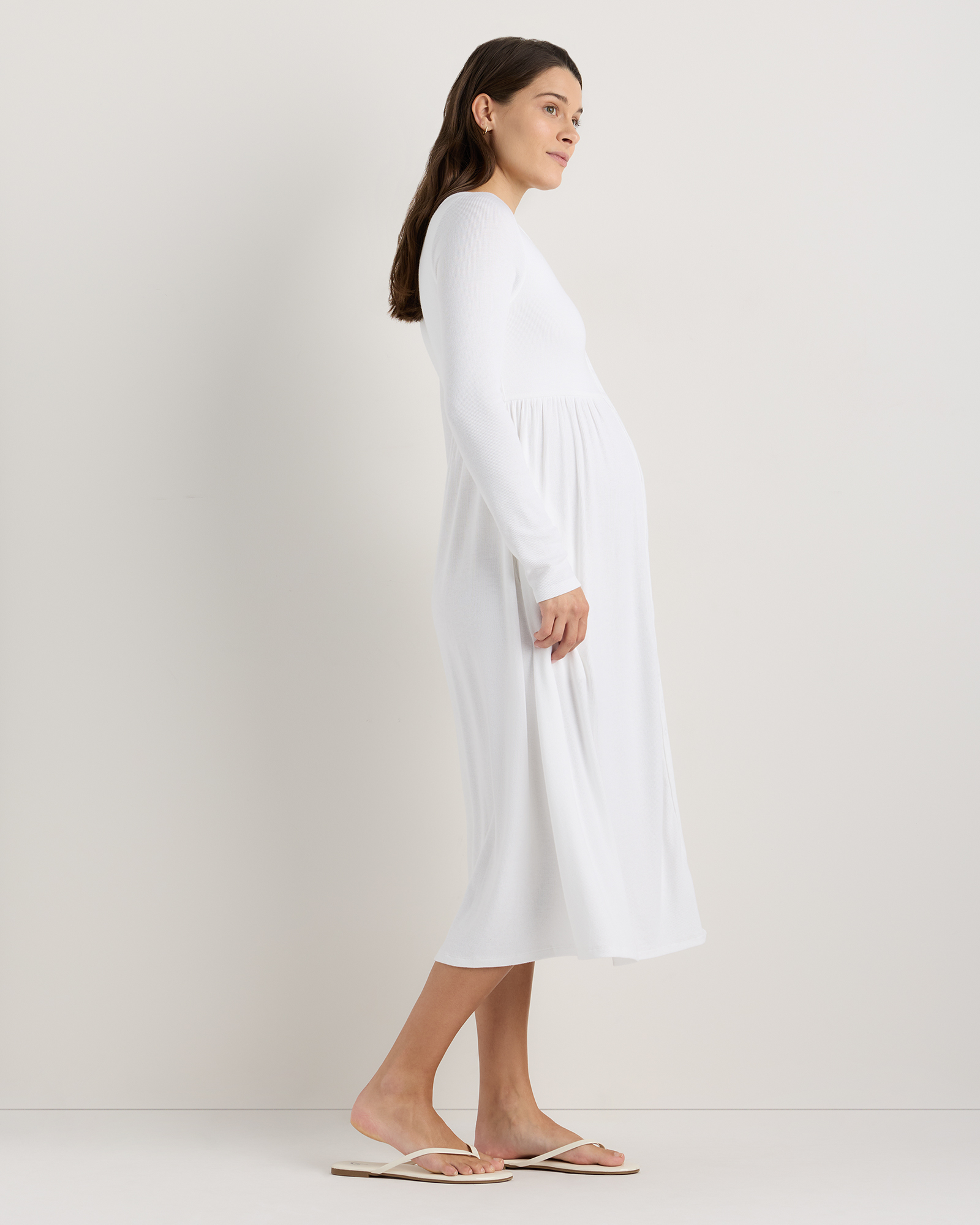 Women's Bamboo Rib Maternity Long Sleeve Button Front Dress in Classic White, Size XS, Bamboo Viscose by Quince