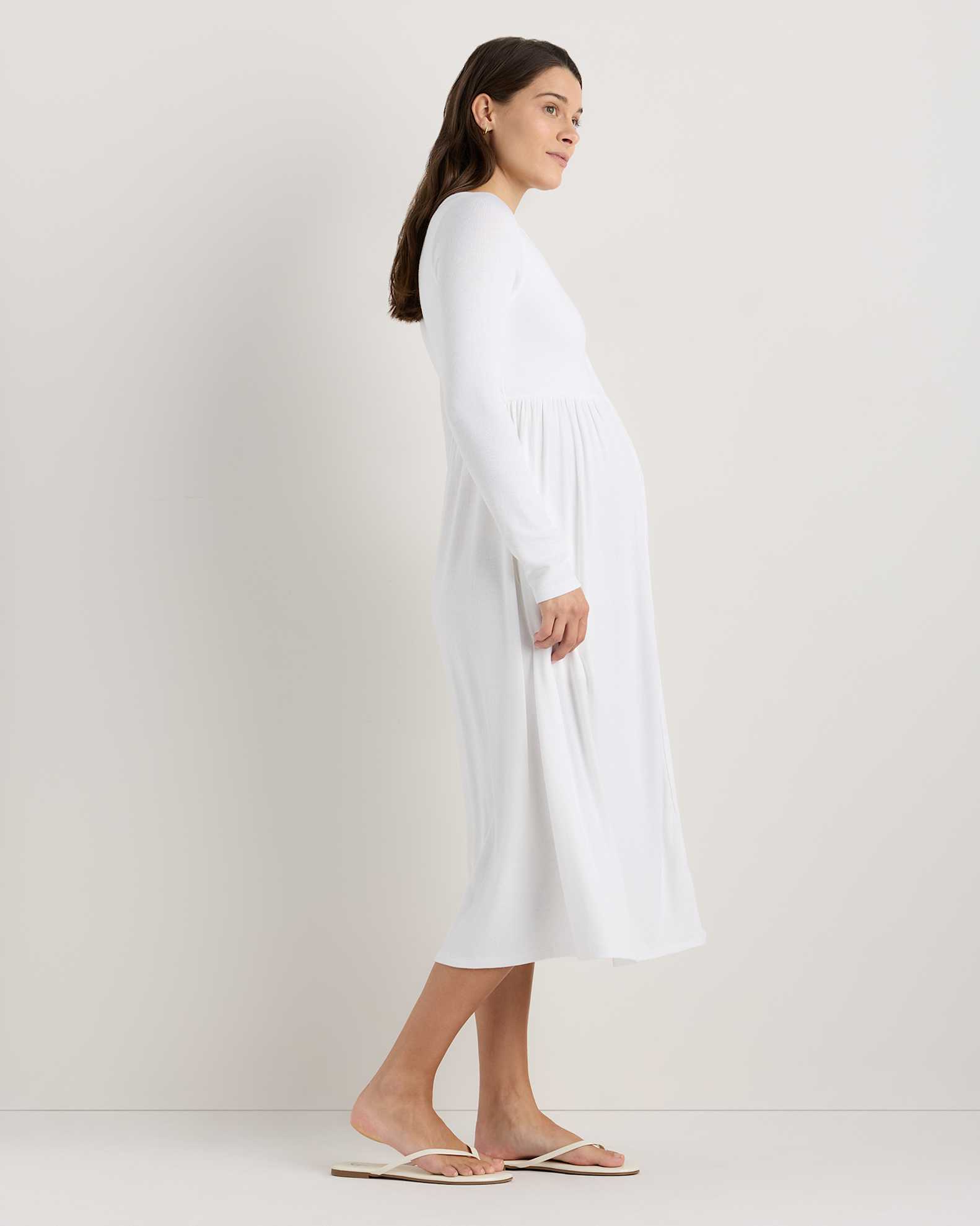 Women's Bamboo Rib Maternity Long Sleeve Button Front Dress in Classic White, Size XS, Bamboo Viscose by Quince Women's Bamboo Rib Maternity Long Sleeve Button Front Dress in Classic White, Size XS, Bamboo Viscose by Quince