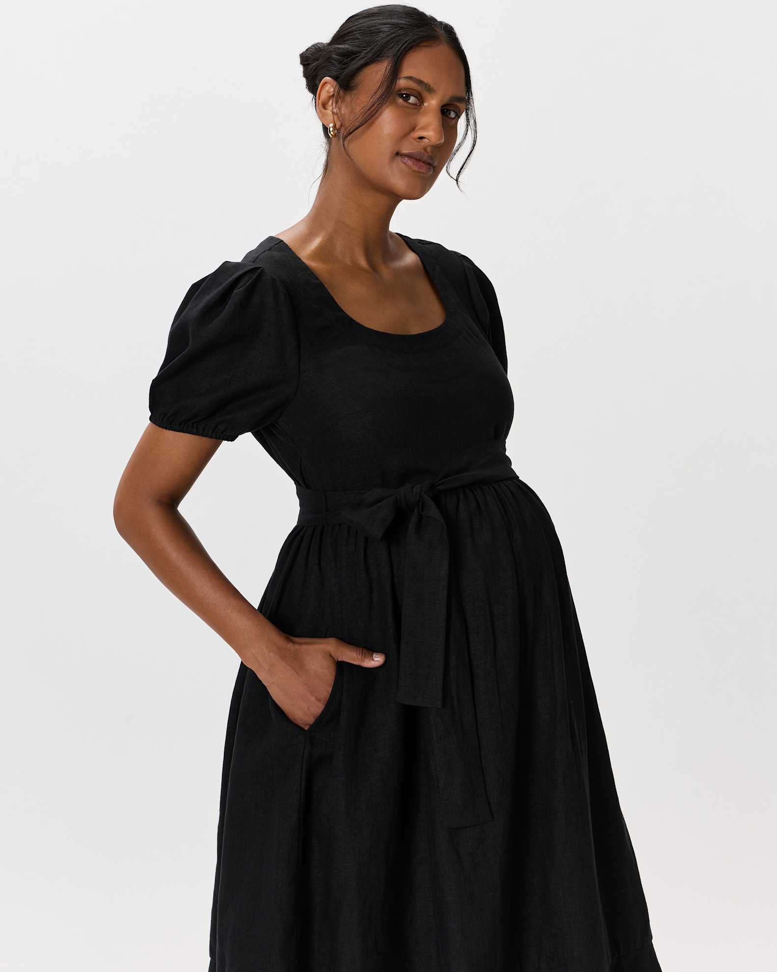 Women's 100% European Linen Maternity Short Sleeve Midi Dress in Black, Size Large, Tencel by Quince Women's 100% European Linen Maternity Short Sleeve Midi Dress in Black, Size Large, Tencel by Quince