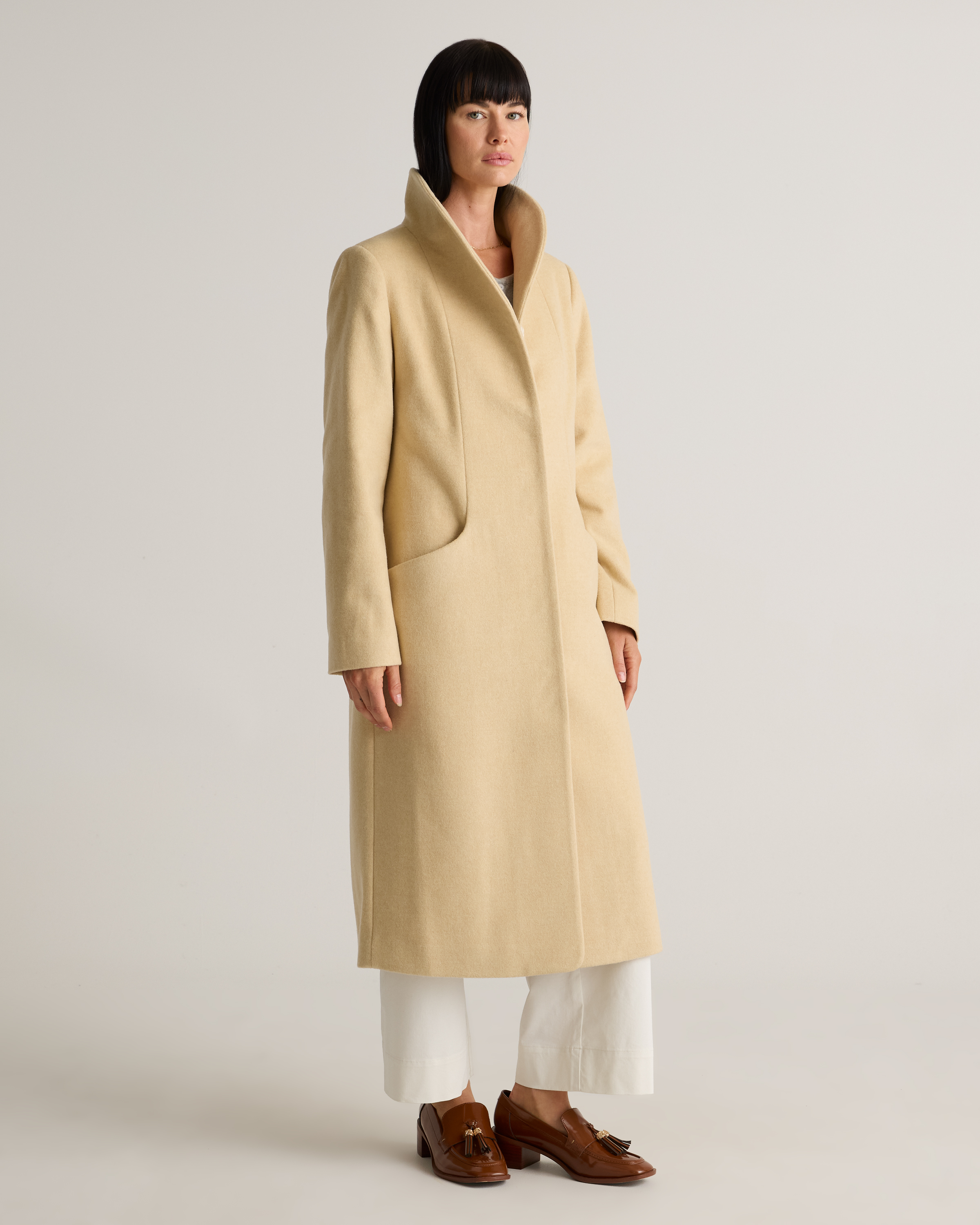 Italian Wool Long Cocoon Coat in Heather Buttercream