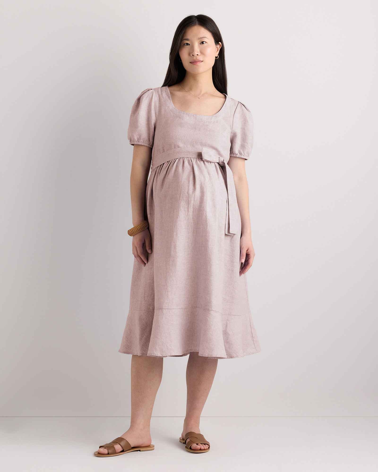 Vintage Pink Chambray Robe midi de maternité à manches courtes 100 % lin européen 