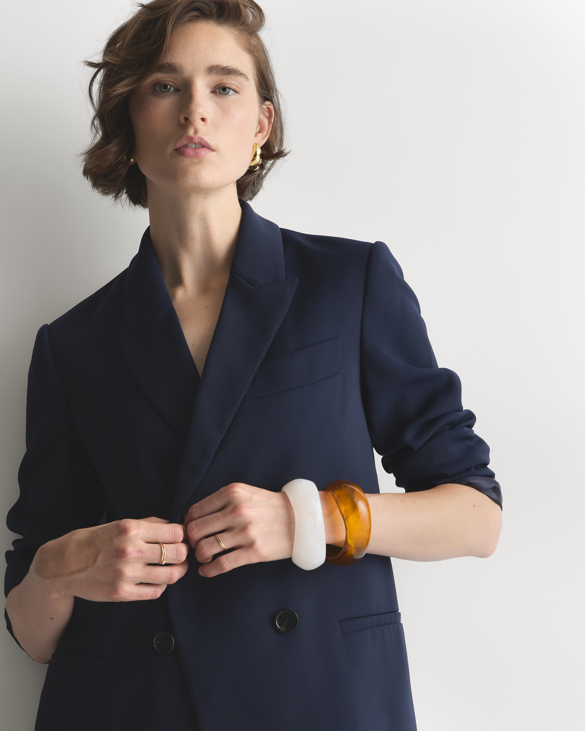 Stretch Crepe Double-Breasted Blazer in Navy