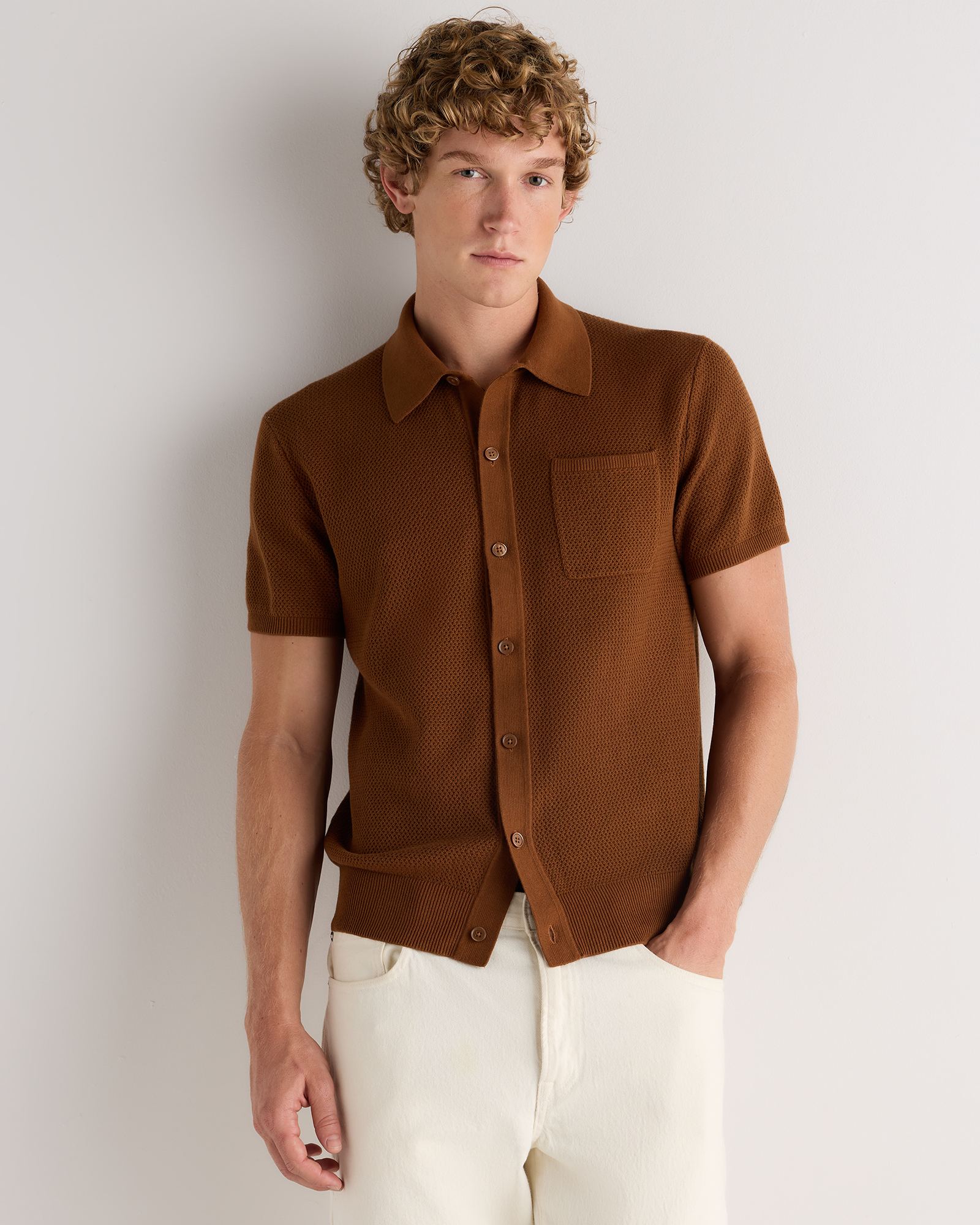Vintage Brown 100% Organic Cotton Mesh-Stitch Button-Up Sweater Polo