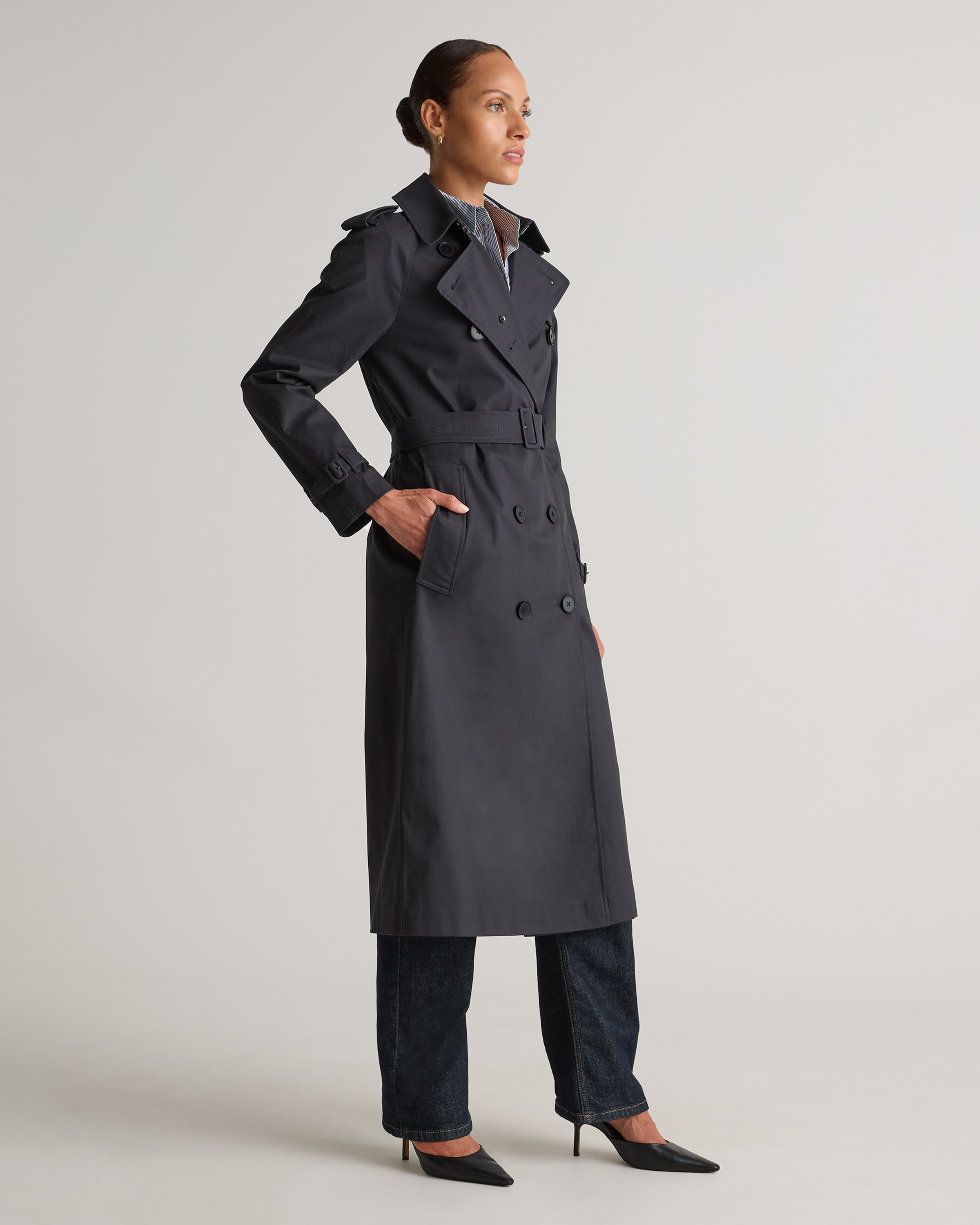 Comfort Stretch Long Trench Coat in Midnight Black
