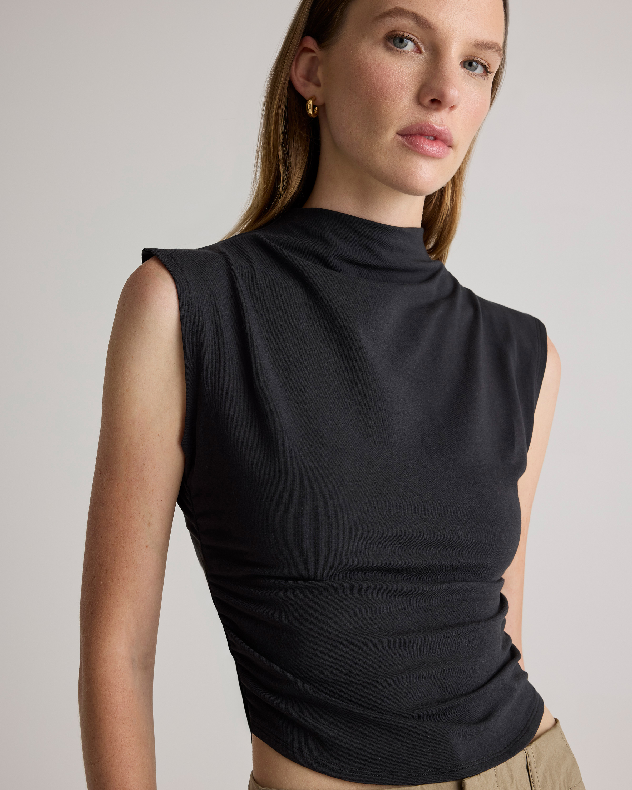 Stretch Cotton Jersey Sleeveless Mock Neck Top in Black