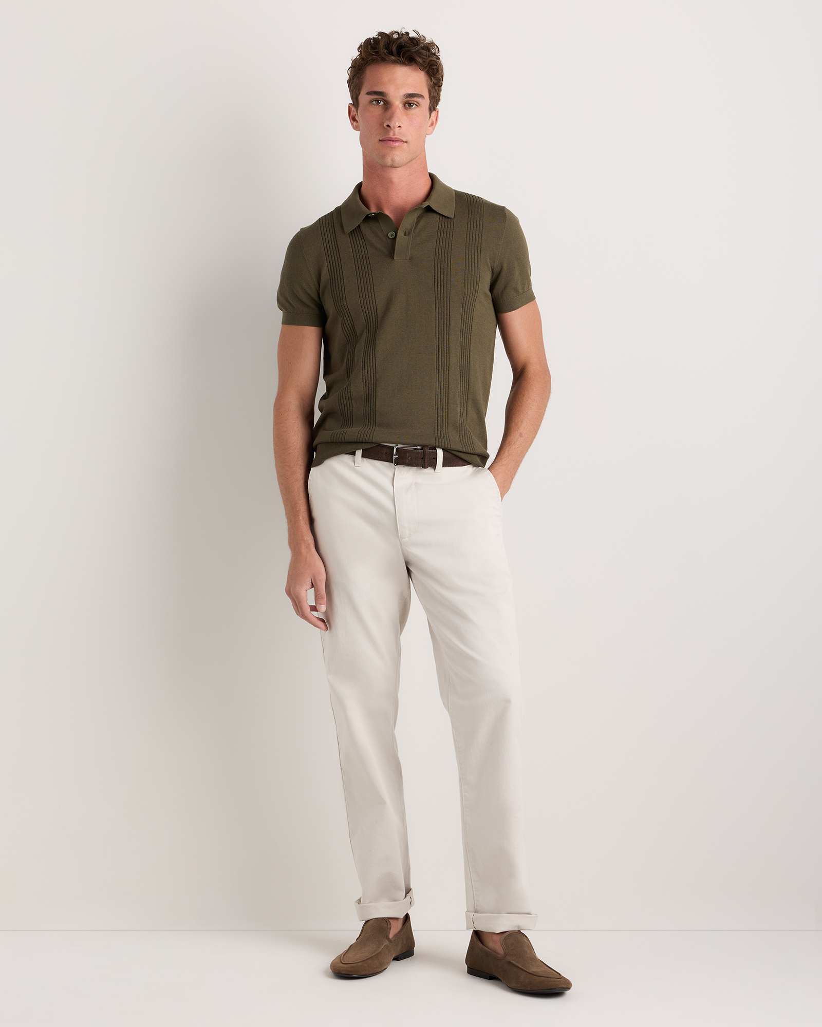 Cotton Silk Ribbed Short Sleeve Sweater Polo in Bayberry Olive