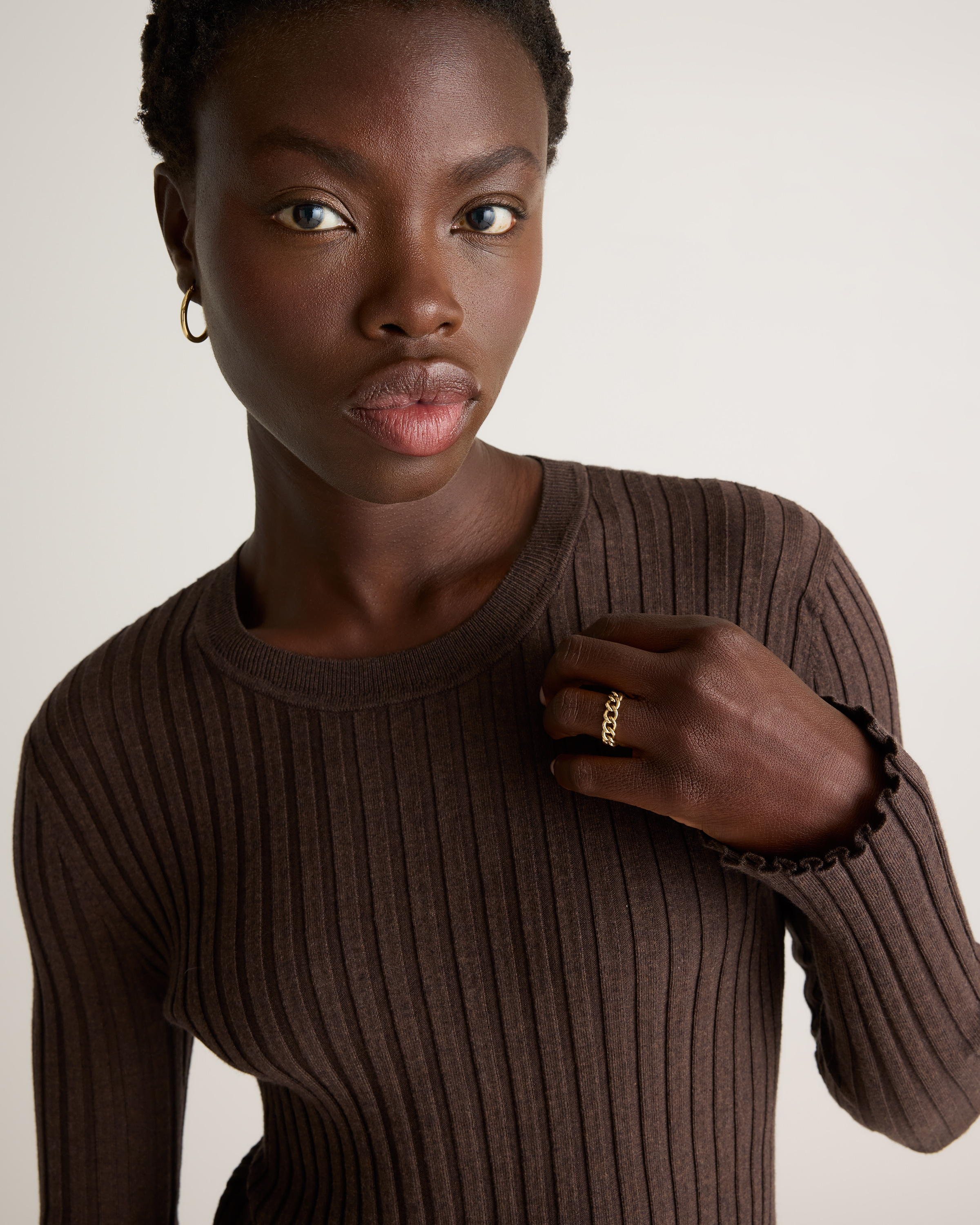 Cotton Cashmere Ribbed Long Sleeve Sweater in Mocha Heather