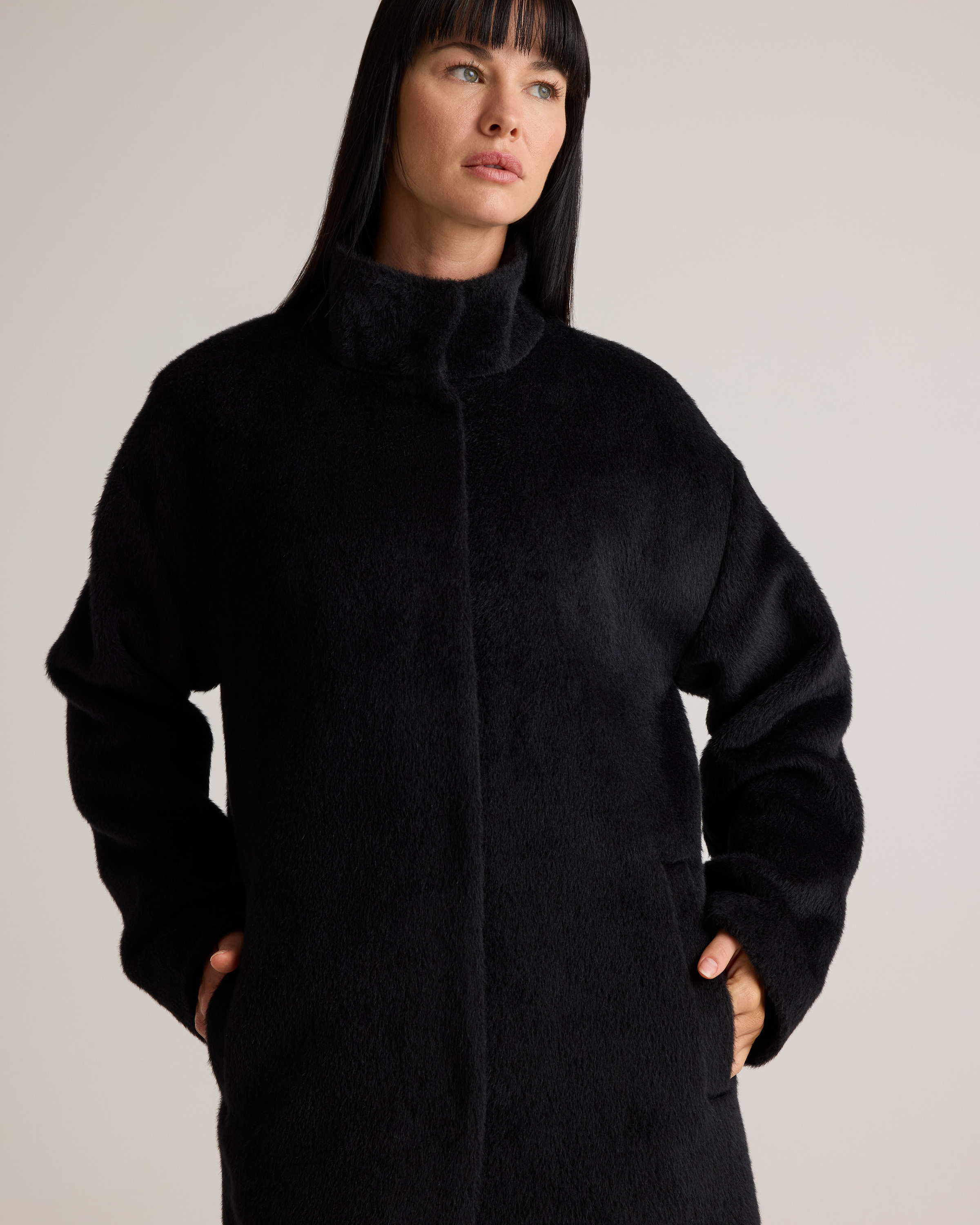 Alpaca-Wool Stand Collar Coat in Black