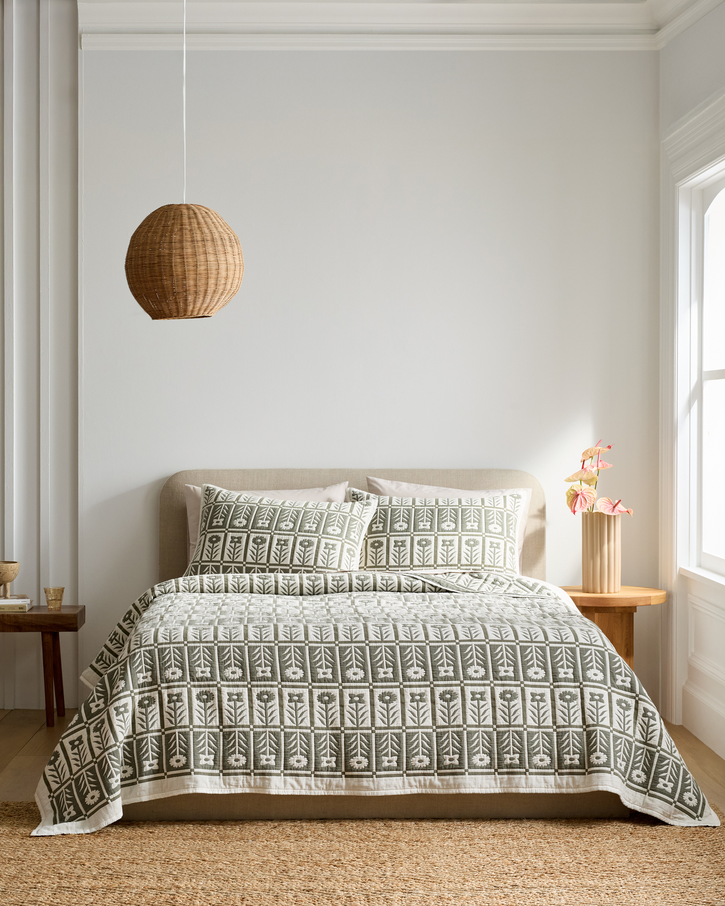 Dried Sage Organic Cotton Jacquard Floral Coverlet Set