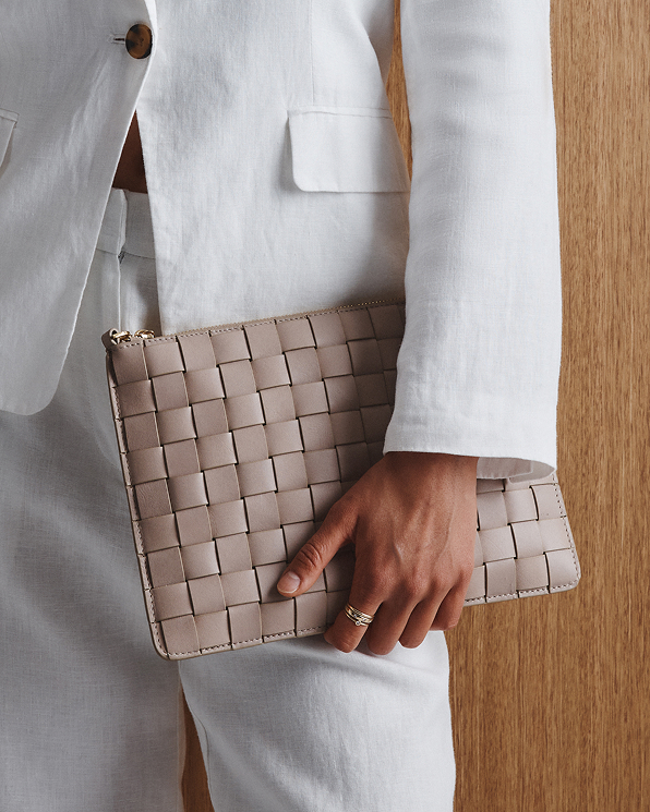 Taupe Italian Leather Handwoven Convertible Clutch