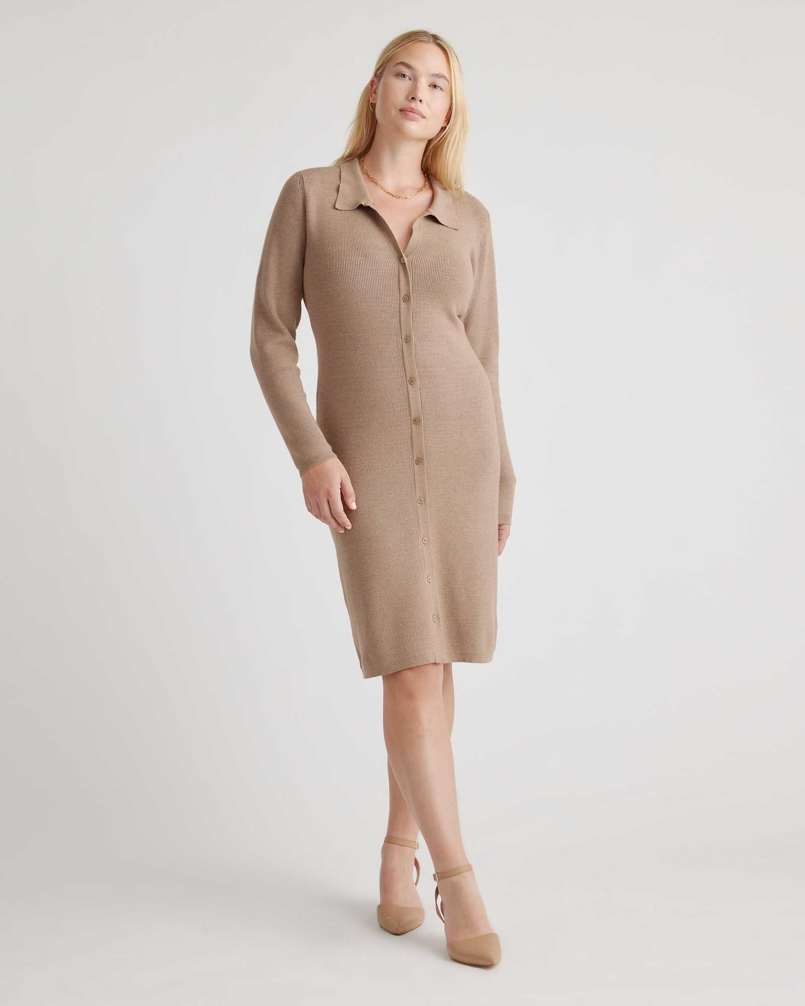 Eco-Knit Button-Up Sweater Dress in Warm Taupe Eco-Knit Button-Up Sweater Dress in Warm Taupe