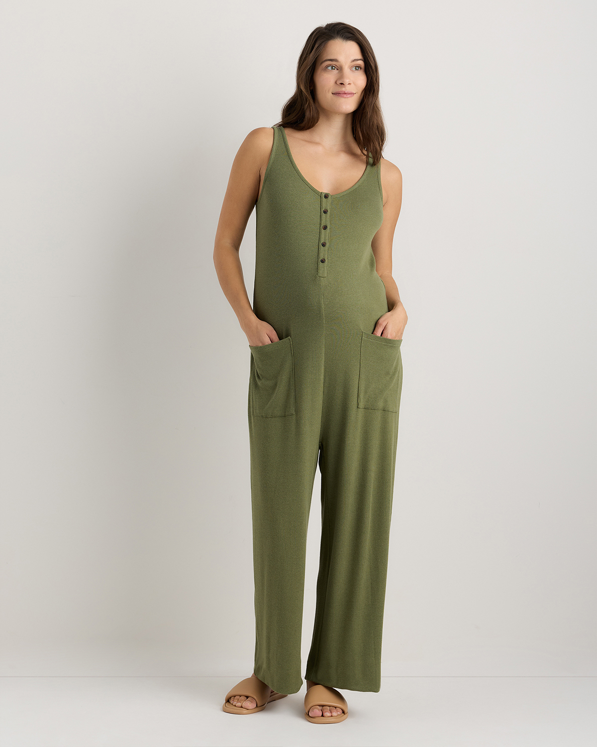Green Tea Bamboo Rib Maternity Button Front Jumpsuit