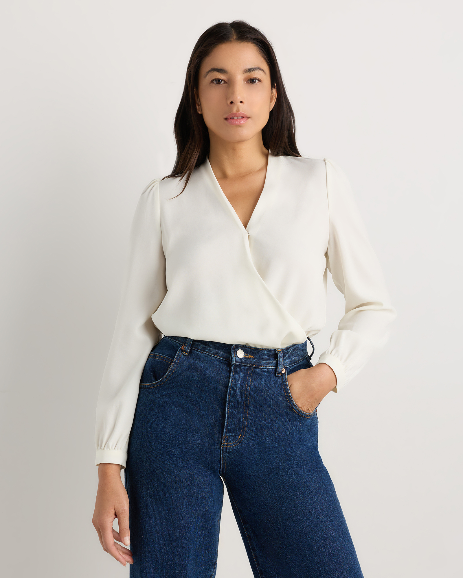 Textured Silken White Fluid Crepe Surplice Long Sleeve Blouse