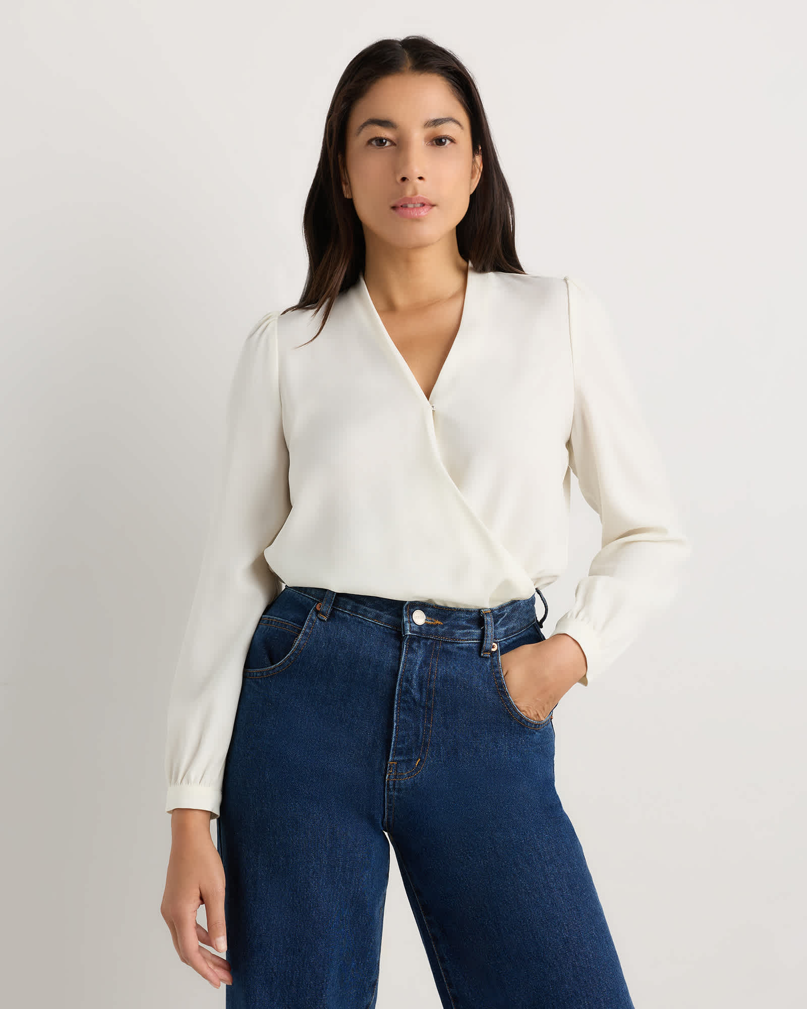 Fluid Crepe Surplice Long Sleeve Blouse