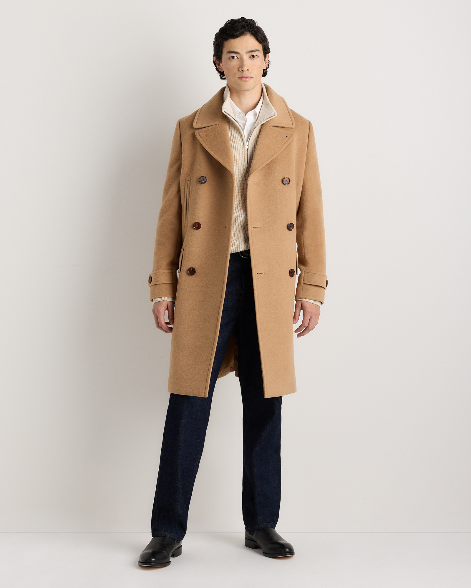 Wool Cashmere Double-Breasted Officer Topcoat in Caramel