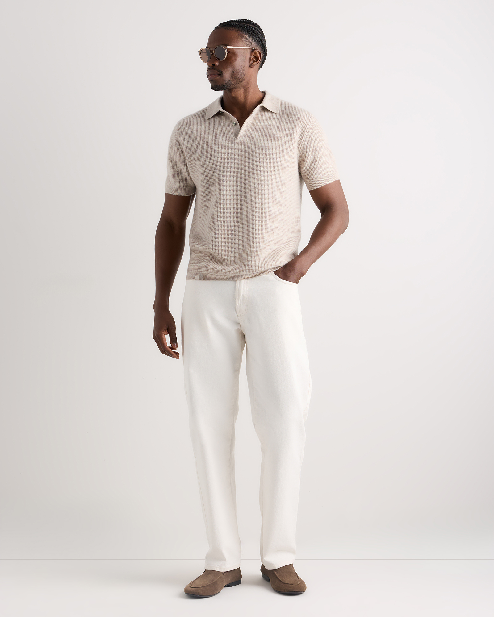 Men's Mongolian Cashmere Waffle Short Sleeve Polo Sweater in