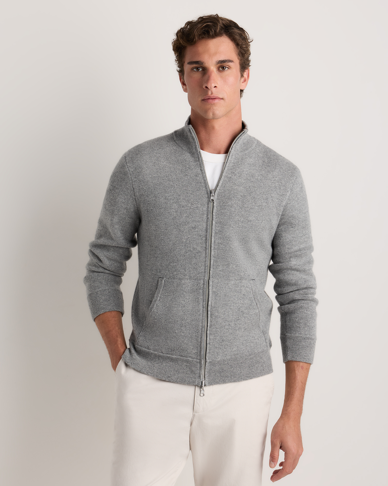 Heather Grey/Charcoal 100% Reversible Cashmere Full Zip Sweater