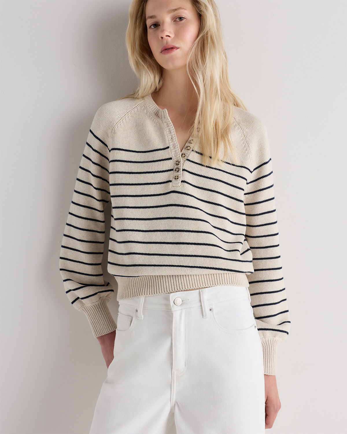 Speckled Beige / Navy Stripe 100% Organic Cotton Striped Henley Sweater