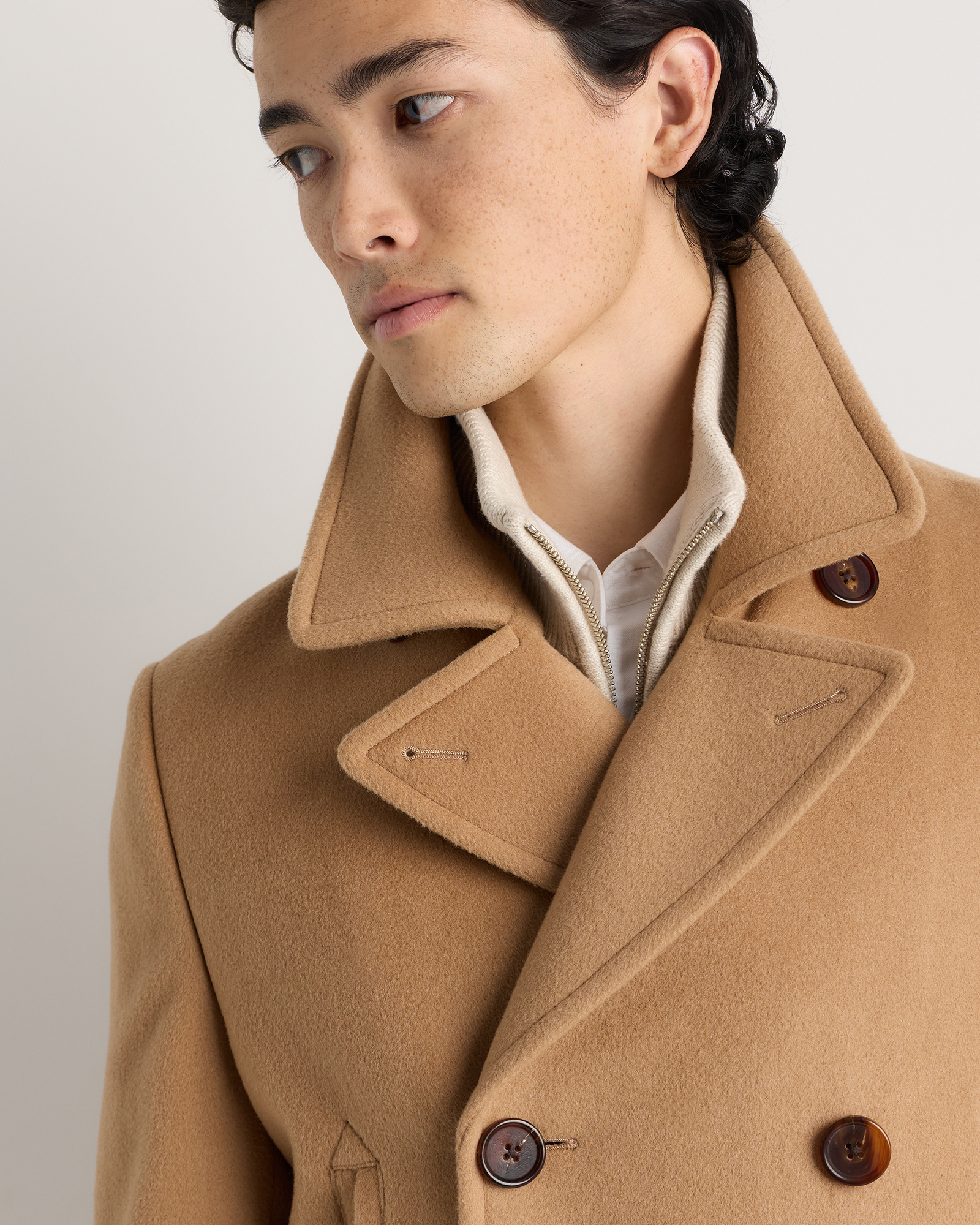 Wool Cashmere Double-Breasted Officer Topcoat in Caramel