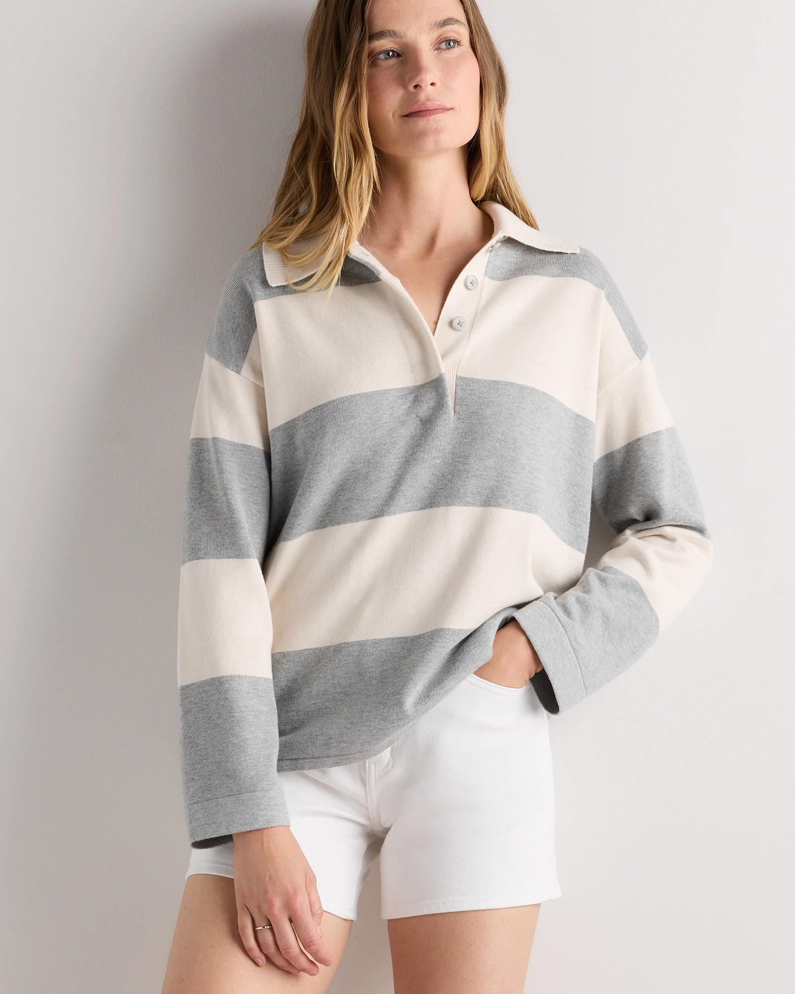 Quince Cotton Cashmere Rugby Polo Sweater in Bone / Heather Grey Rugby Stripe