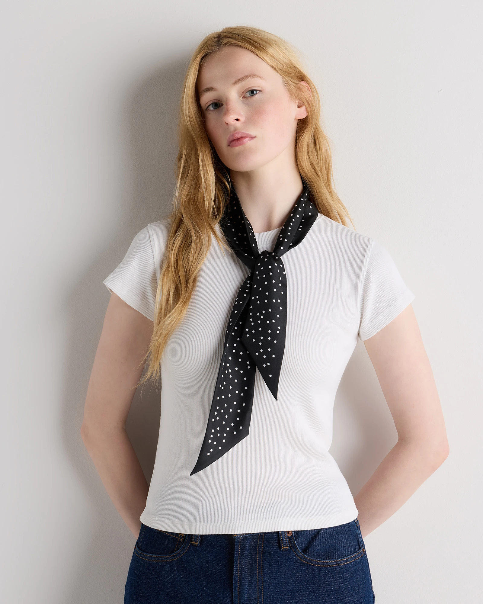 100% Silk Printed Skinny Scarf in Tiny Dot Black/ White