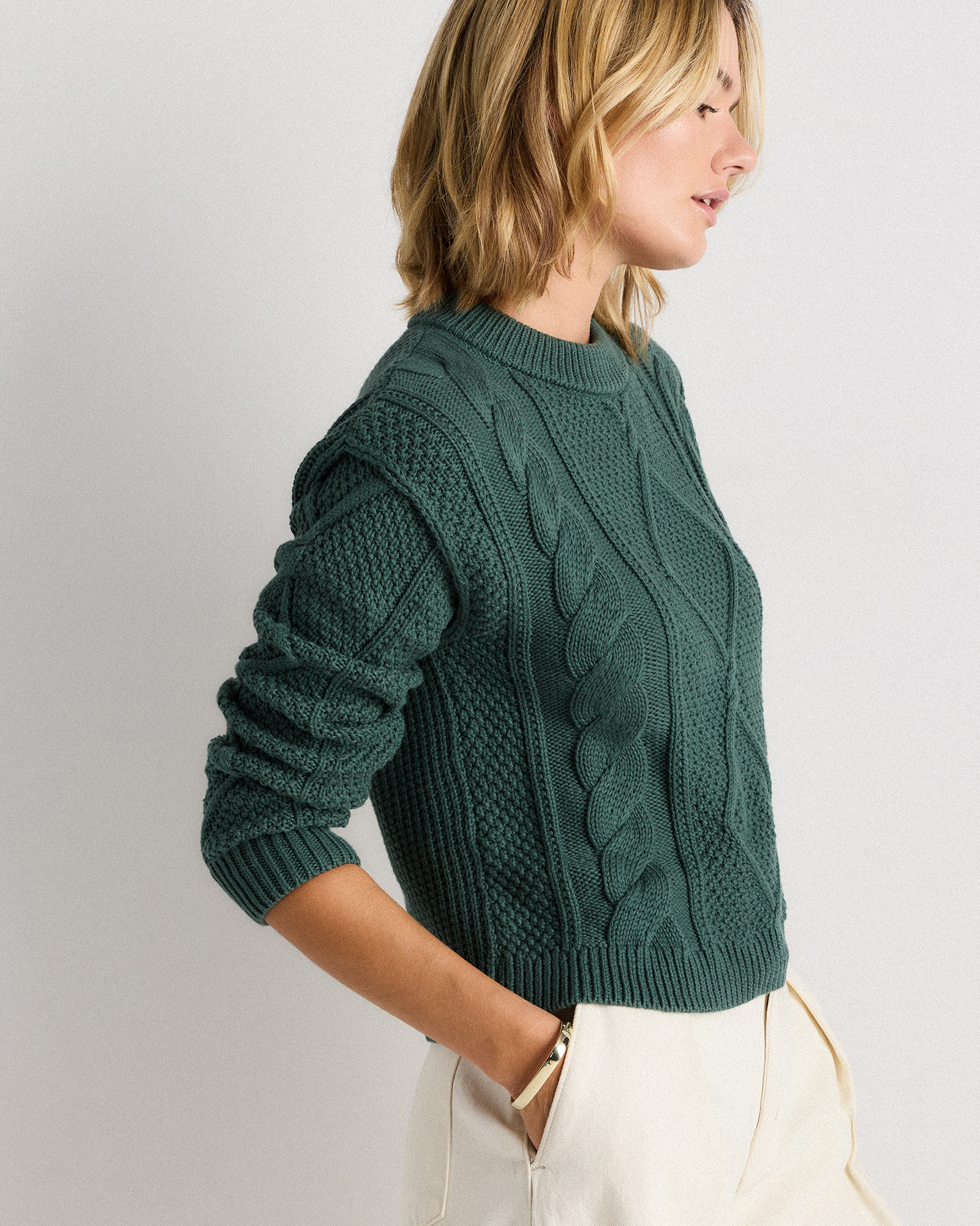 100% Organic Cotton Cropped Cable Sweater in Big Sur Green