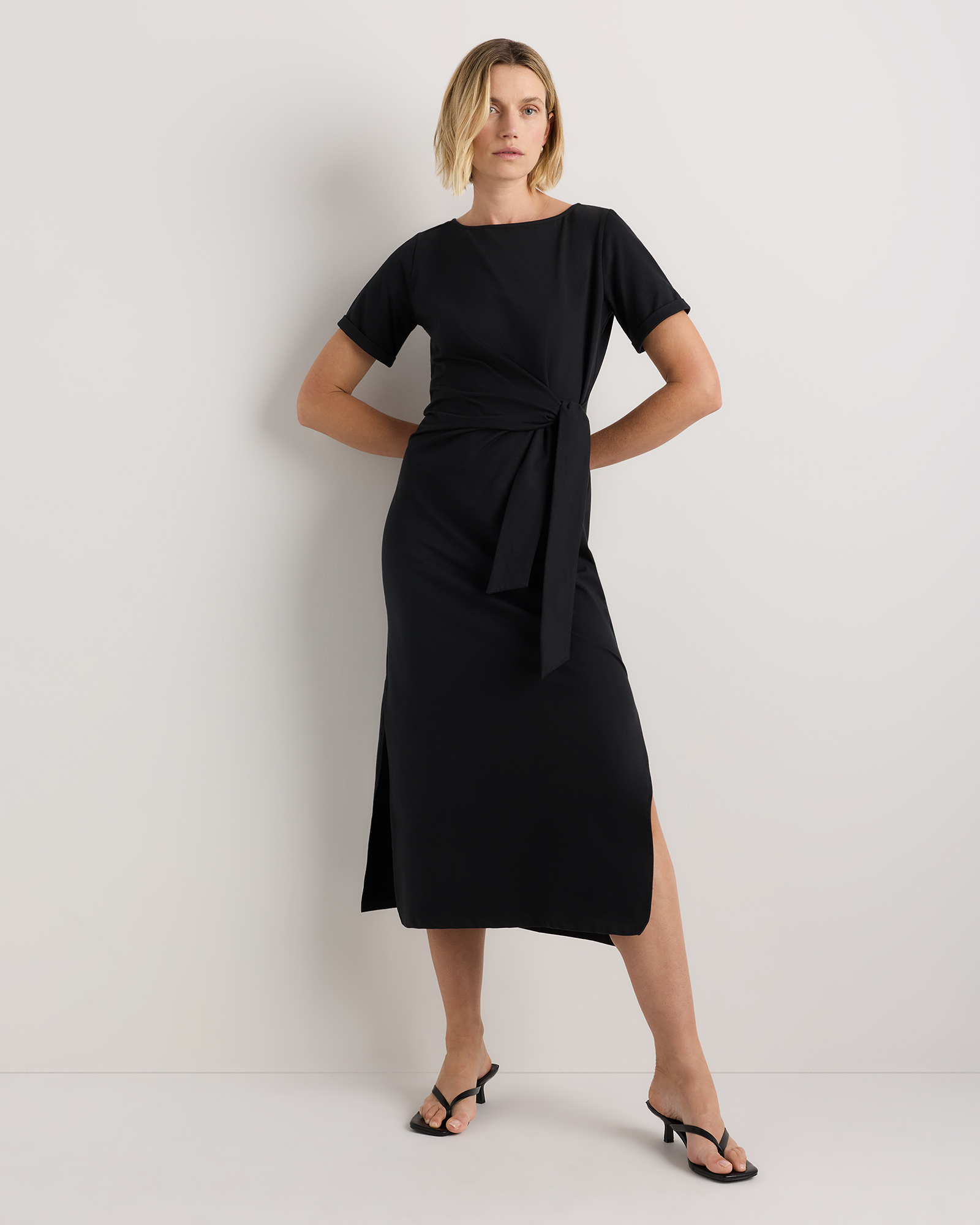 True Black Stretch Cotton Jersey Side Tie Midi Dress