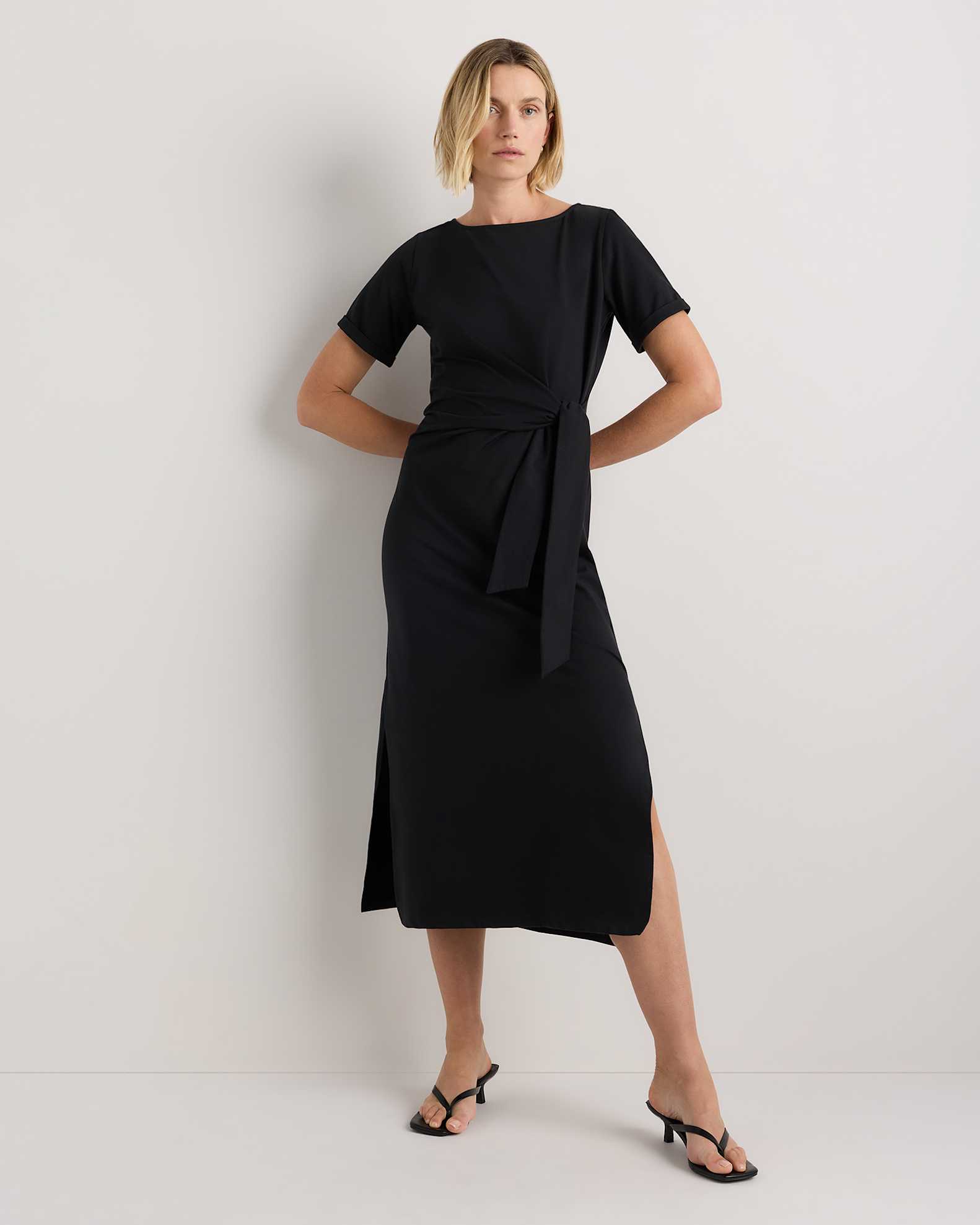 Women's Stretch Cotton Jersey Side Tie Midi Dress in True Black, Size XS by Quince Women's Stretch Cotton Jersey Side Tie Midi Dress in True Black, Size XS by Quince