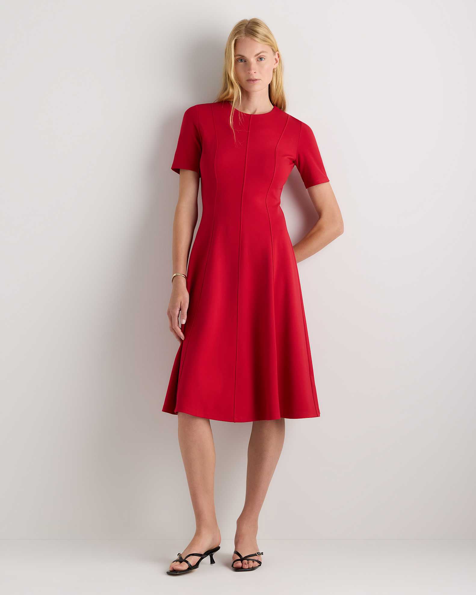 Ultra-Stretch Ponte Short Sleeve Midi Dress in Ruby Red Ultra-Stretch Ponte Short Sleeve Midi Dress in Ruby Red