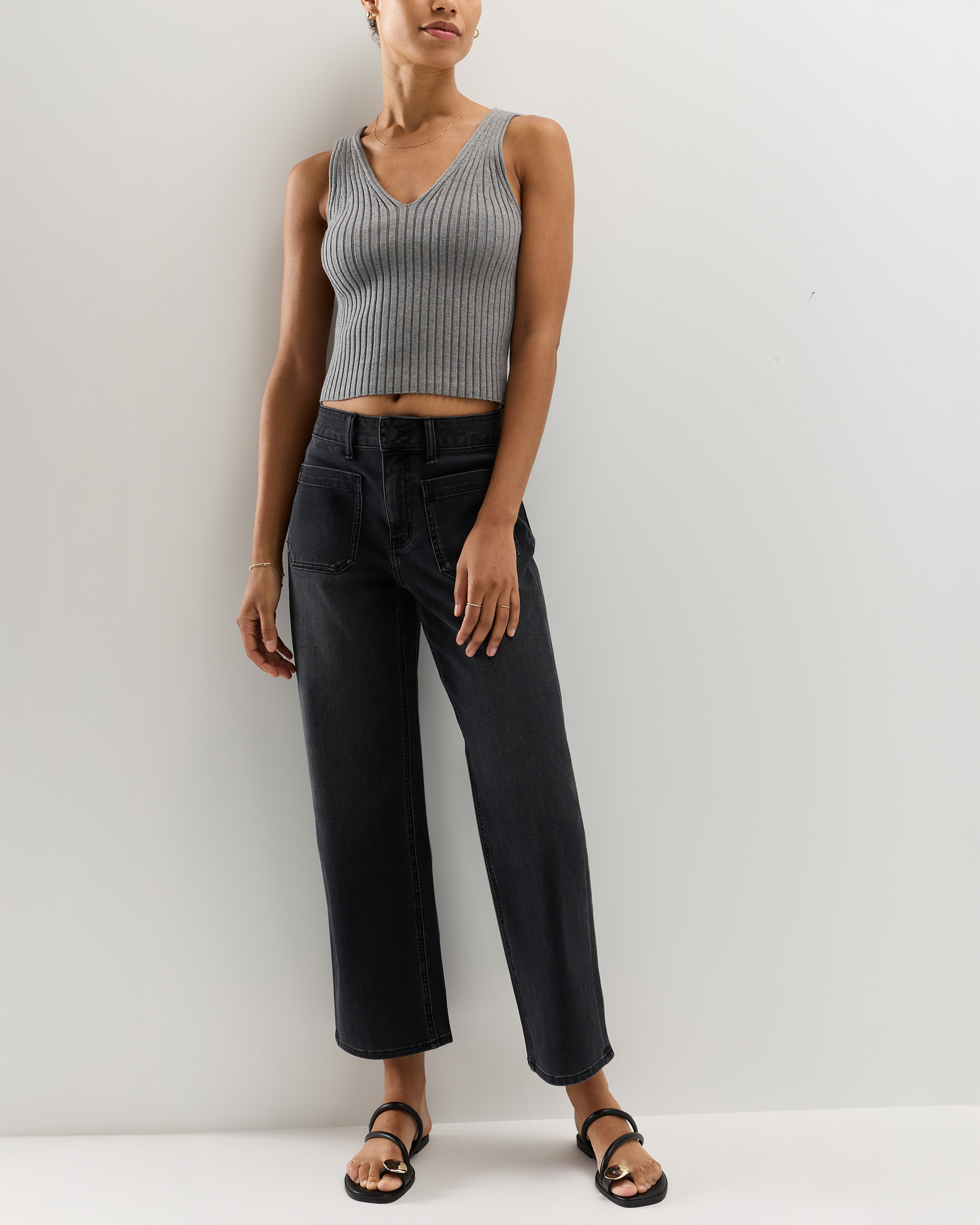 Bella Stretch Patch Pocket Wide Leg Jeans in Faded Black