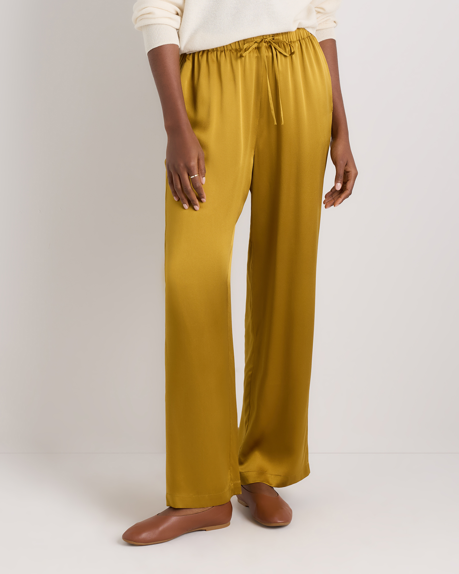 Mineral Yellow 100% Washable Silk Drawstring Wide Leg Pants