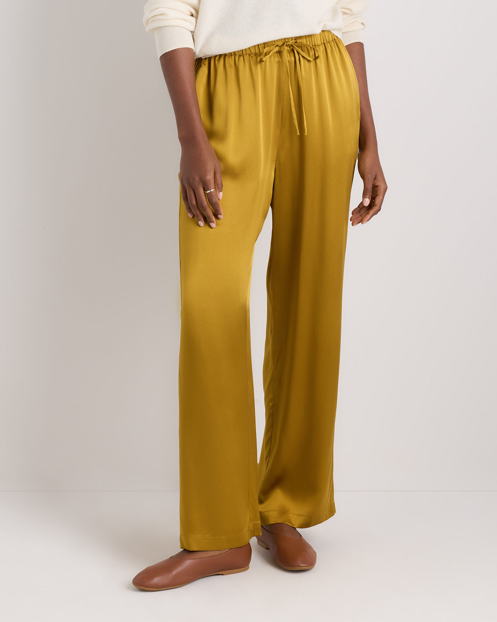 Mineral Yellow 100% Washable Silk Drawstring Wide Leg Pants