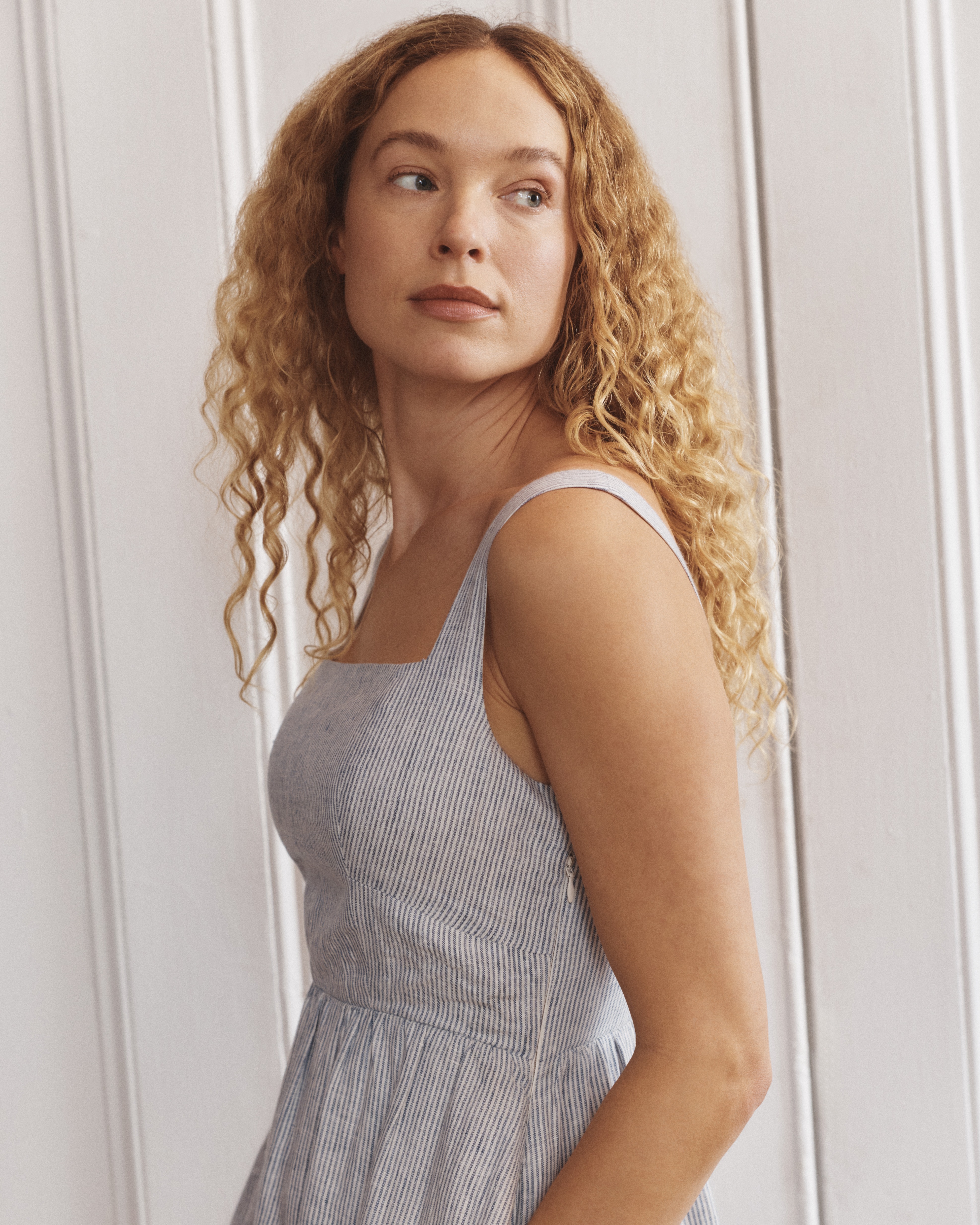 100% European Linen Fit & Flare Midi Dress in Blue Pinstripe