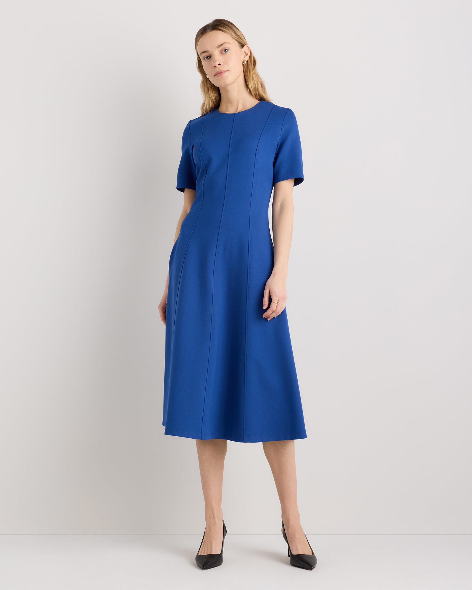 Orchid Blue Ultra-Stretch Ponte Short Sleeve Midi Dress