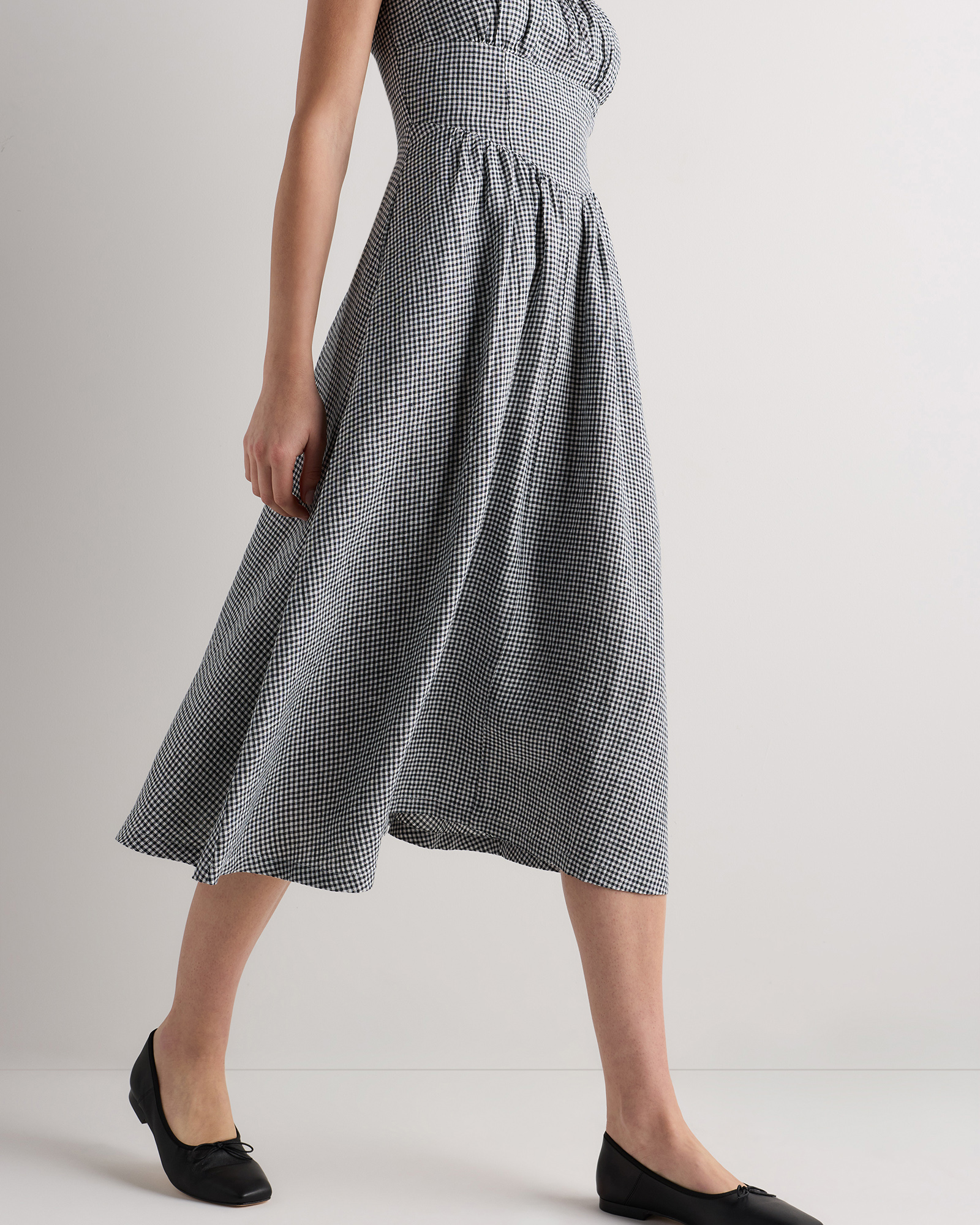 100% European Linen Corset Midi Dress in Classic Mini Gingham