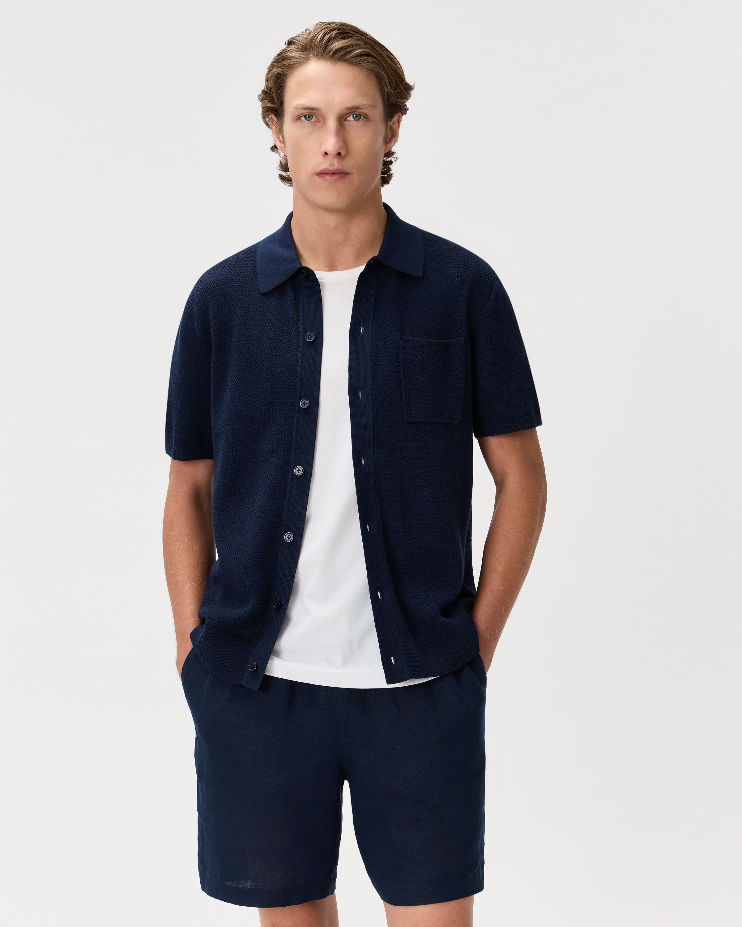 Quince Men's Mesh-stitch Button-up Sweater Polo In Blue