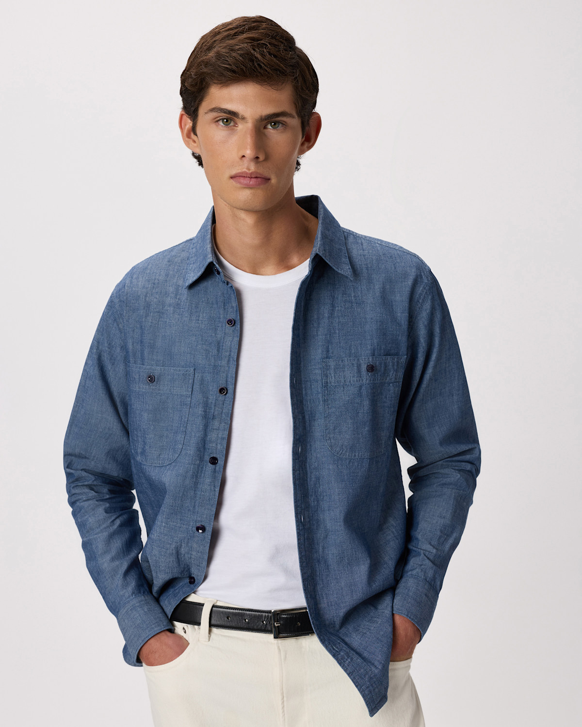 Men's 100% Organic Chambray Long Sleeve Shirt in Dark Chambray