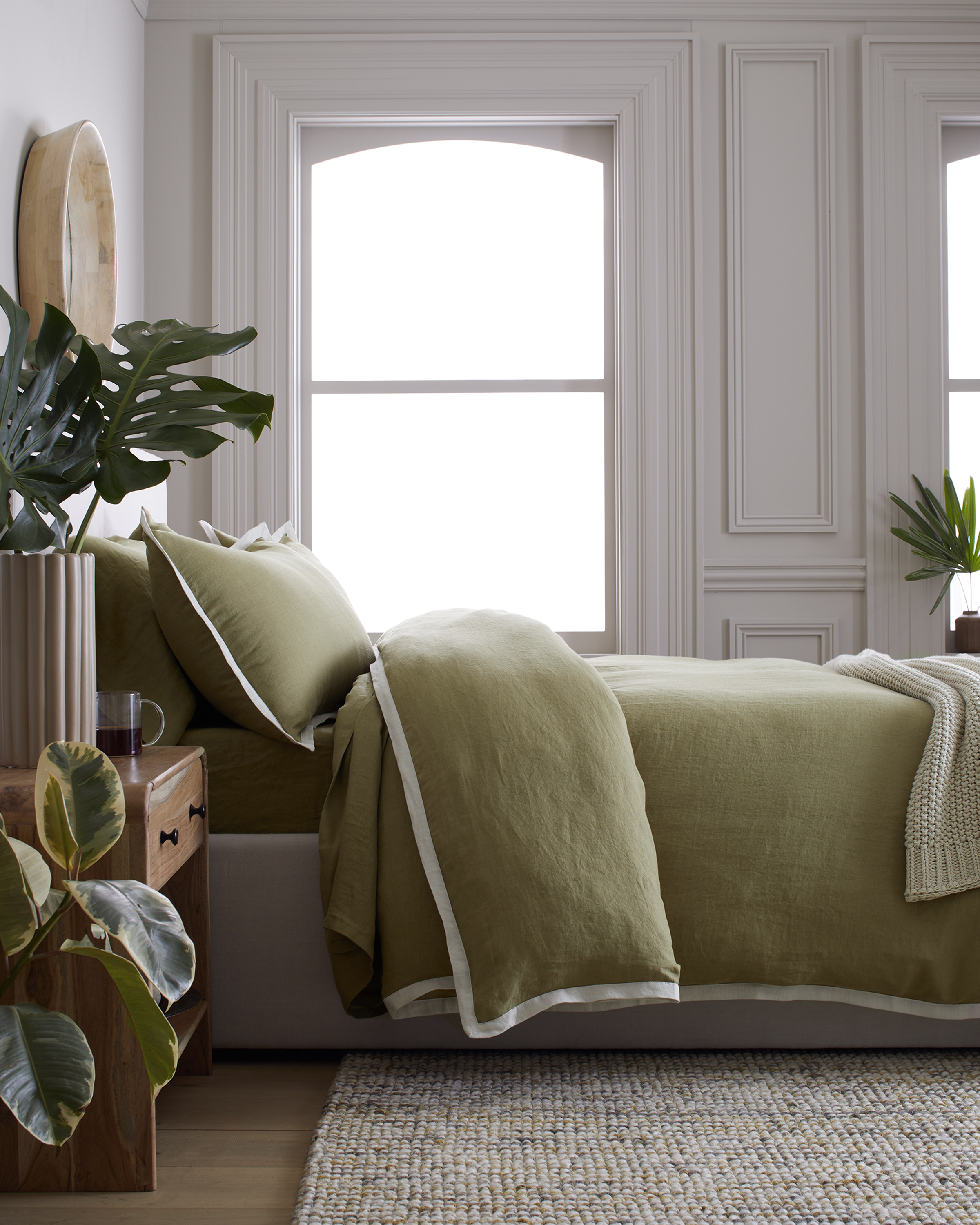 Aloe/Sand European Linen Contrast Flange Duvet Cover