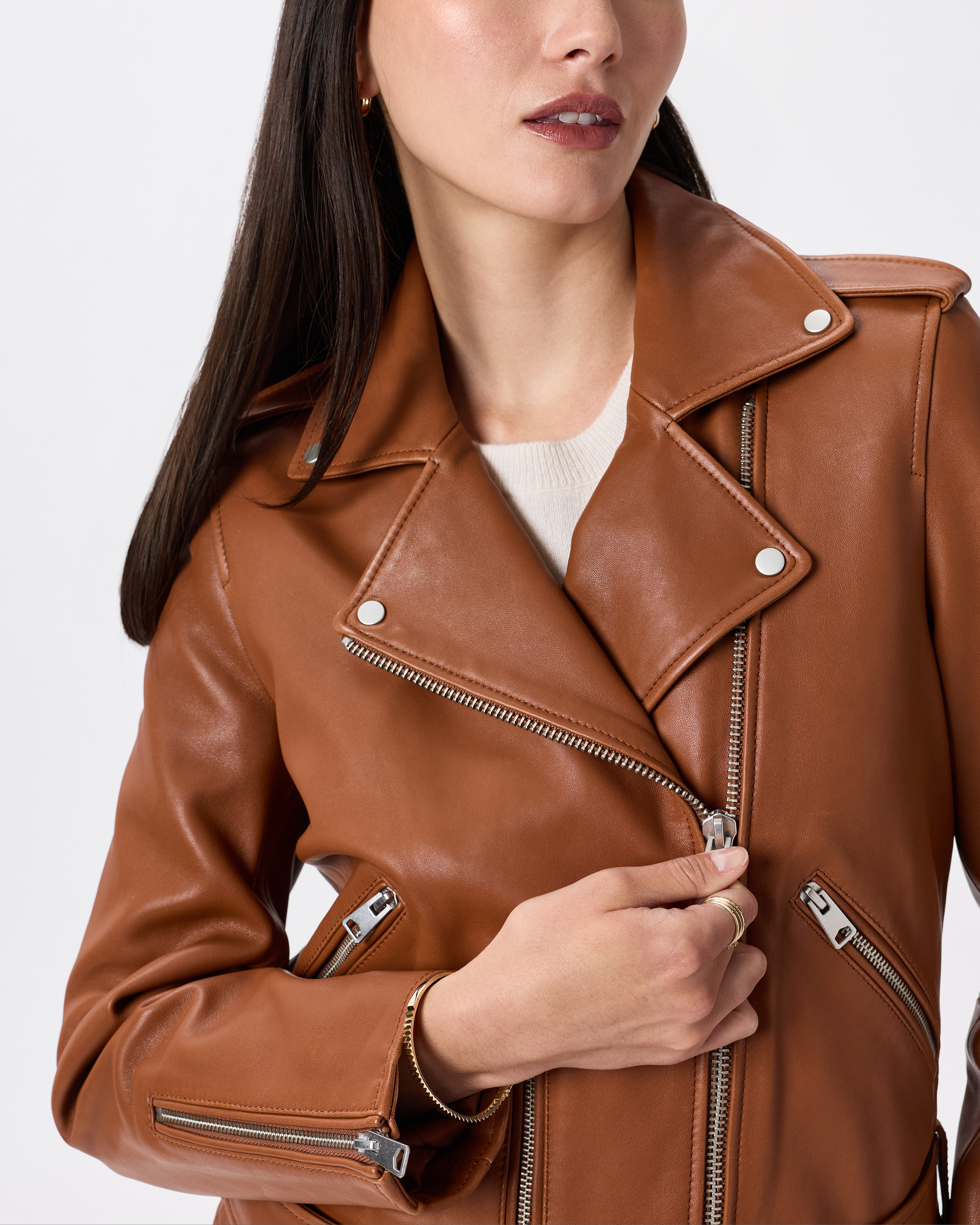 Women's 100% Leather Motorcycle Jacket in Dark Cognac Brown