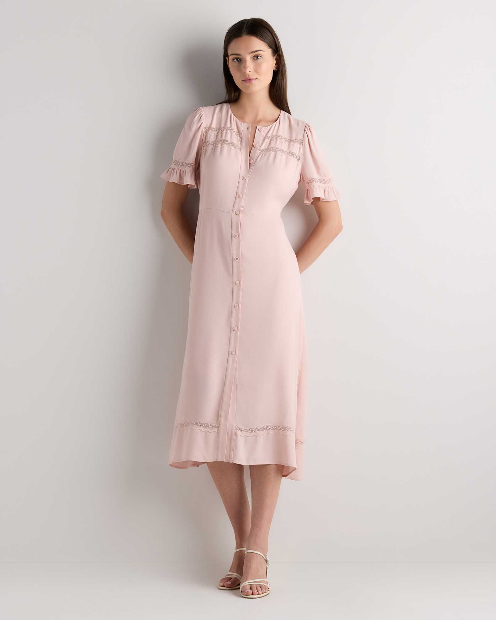 Women's Lightweight Crepe Lace Inset Midi Dress in Ivory, Size Small, Viscose by Quince Women's Lightweight Crepe Lace Inset Midi Dress in Ivory, Size Small, Viscose by Quince