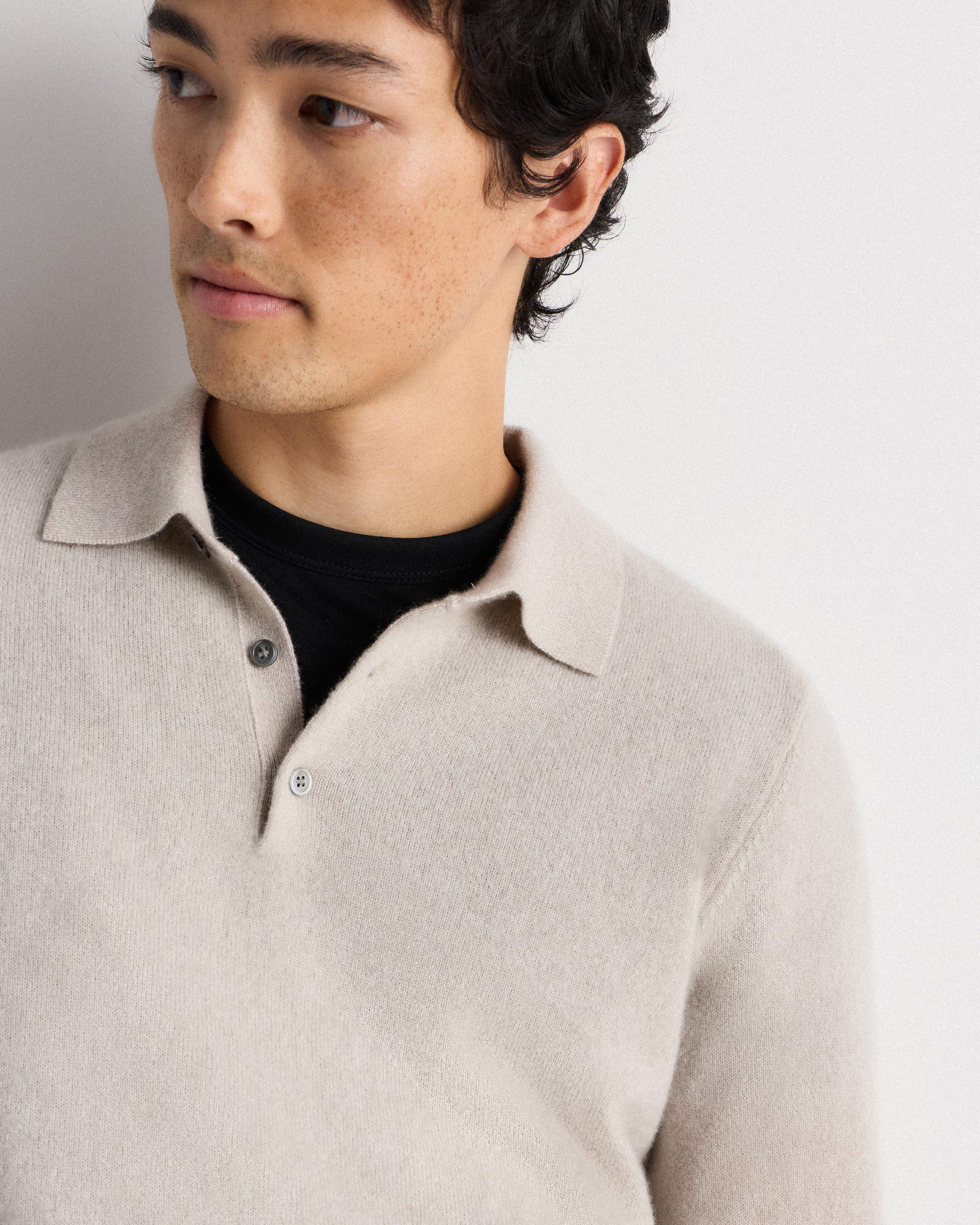 Mongolian Cashmere Polo Sweater in Heather Cloud Beige