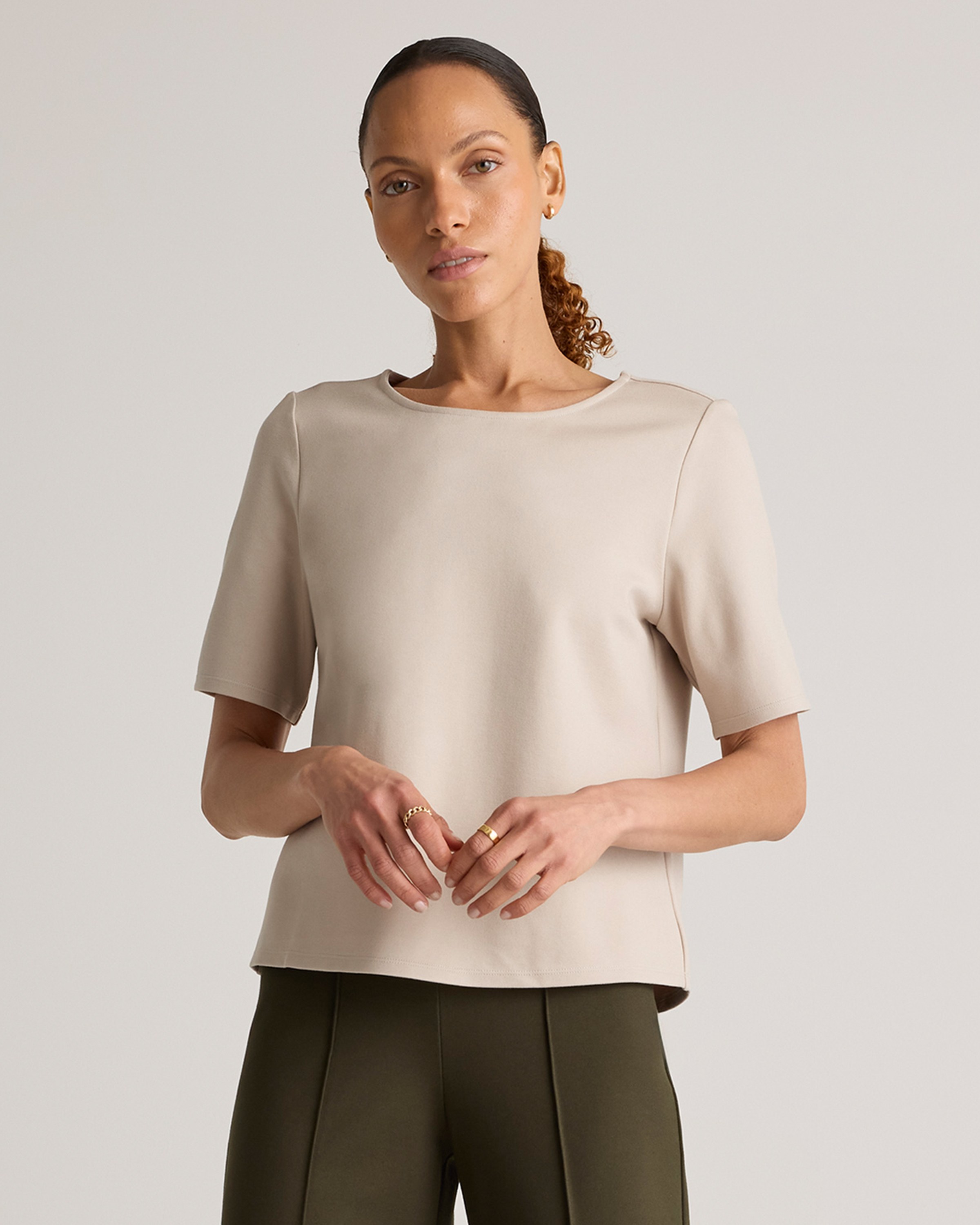 Ecru Ultra-Stretch Ponte Short Sleeve Top