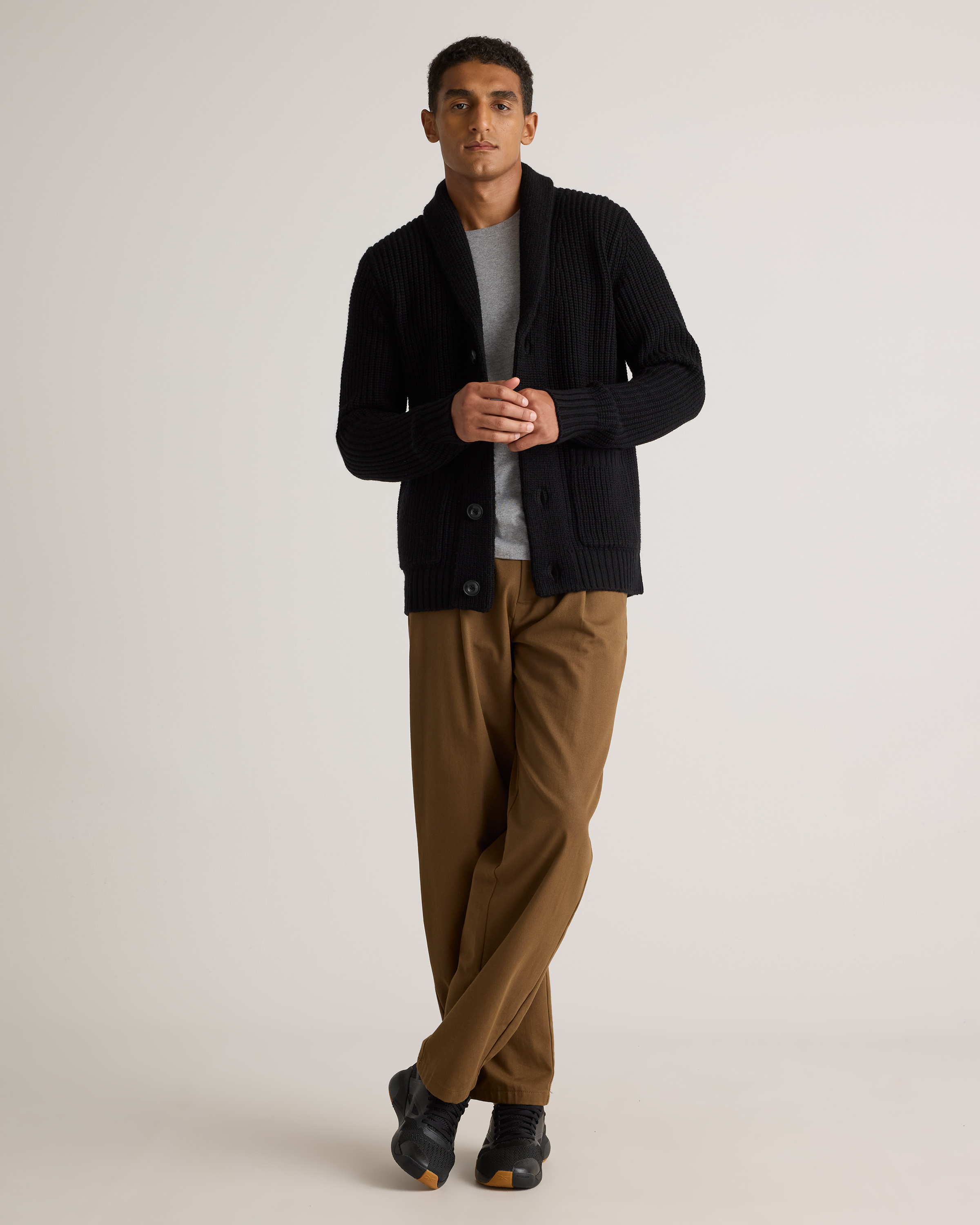 Australian Merino Wool Shawl Collar Cardigan in Black