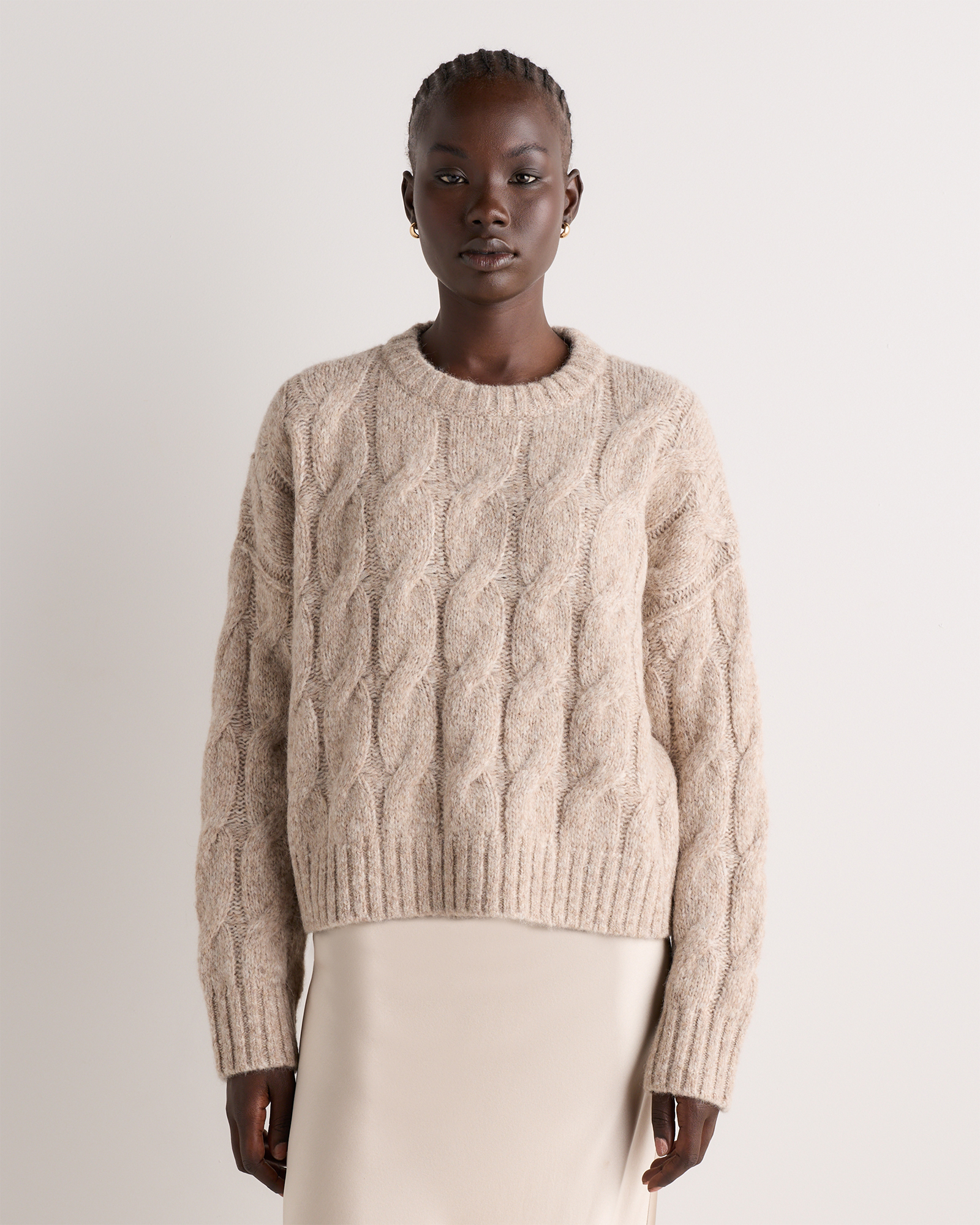 Soft Wheat Beige Lofty Baby Alpaca Relaxed Cropped Cable Crewneck