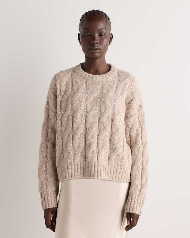 Soft Wheat Beige Lofty Baby Alpaca Relaxed Cropped Cable Crewneck