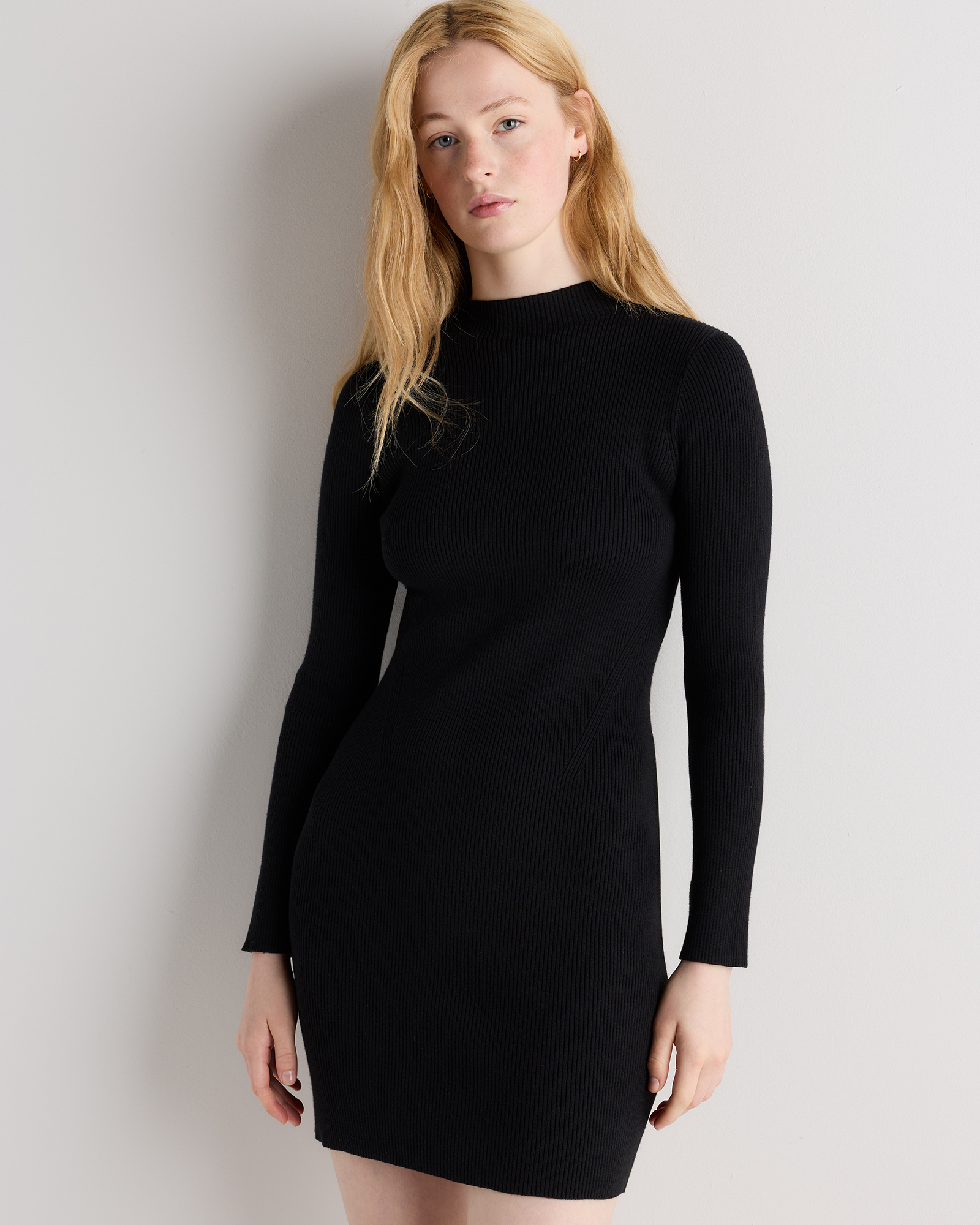 Black Cotton Cashmere Mock Neck Mini Dress