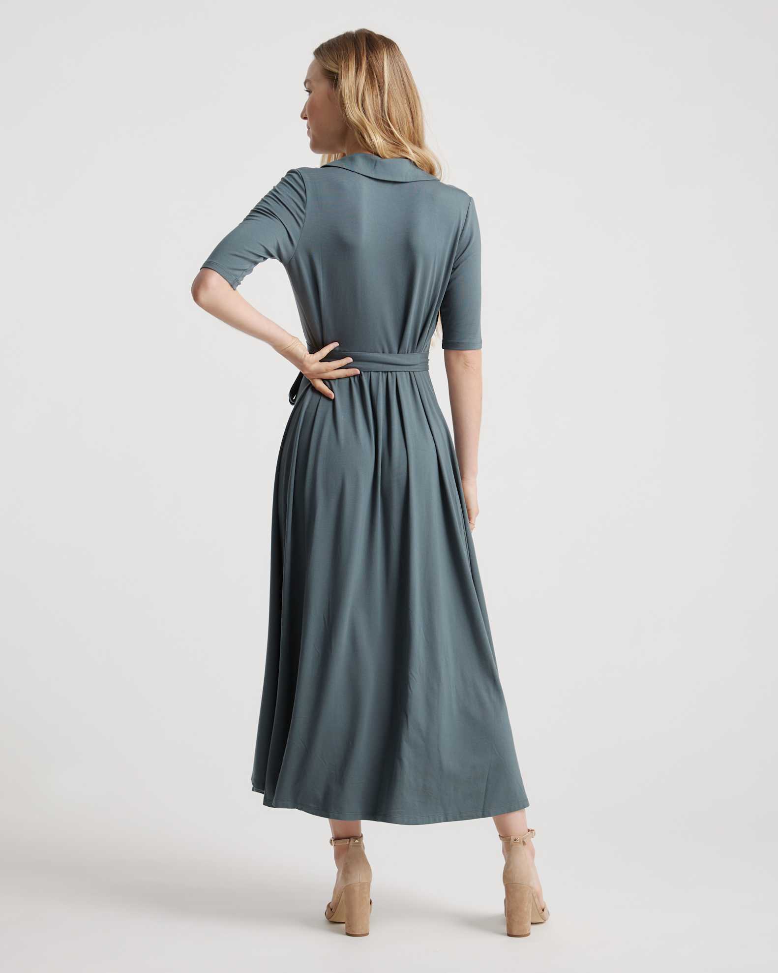 Quince Women's Tencel Jersey Midi Wrap Dress, Dark Olive, Size XS - Eco-Friendly, Comfy, Modern Length, Rounded Collar Quince Women's Tencel Jersey Midi Wrap Dress, Dark Olive, Size XS - Eco-Friendly, Comfy, Modern Length, Rounded Collar